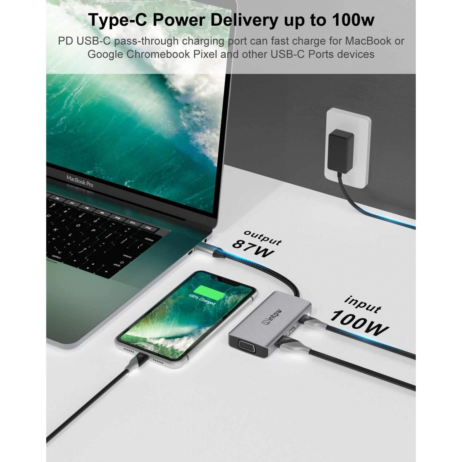 Adaptador USB C a HDMI y VGA INTPW 4K - Multiport 100W
