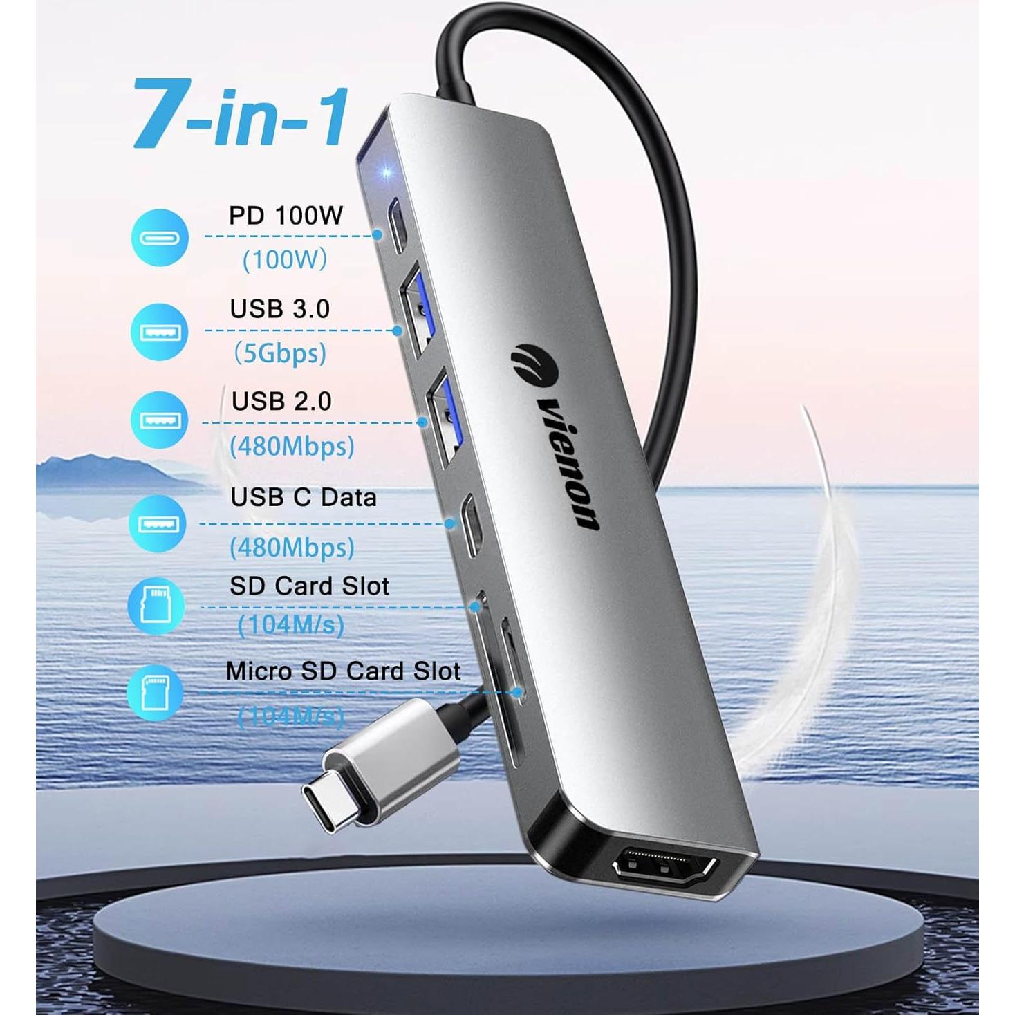 Adaptador Hub USB C HDMI 7 en 1 VIENON 4K con Lector SD