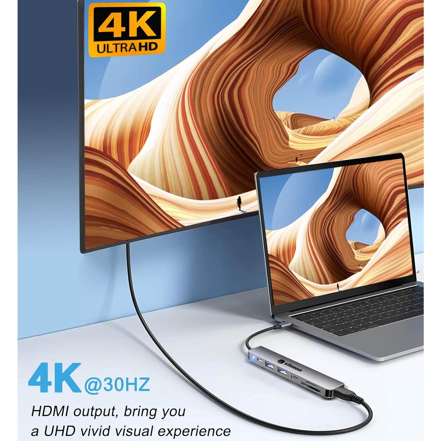 Adaptador Hub USB C HDMI 7 en 1 VIENON 4K con Lector SD