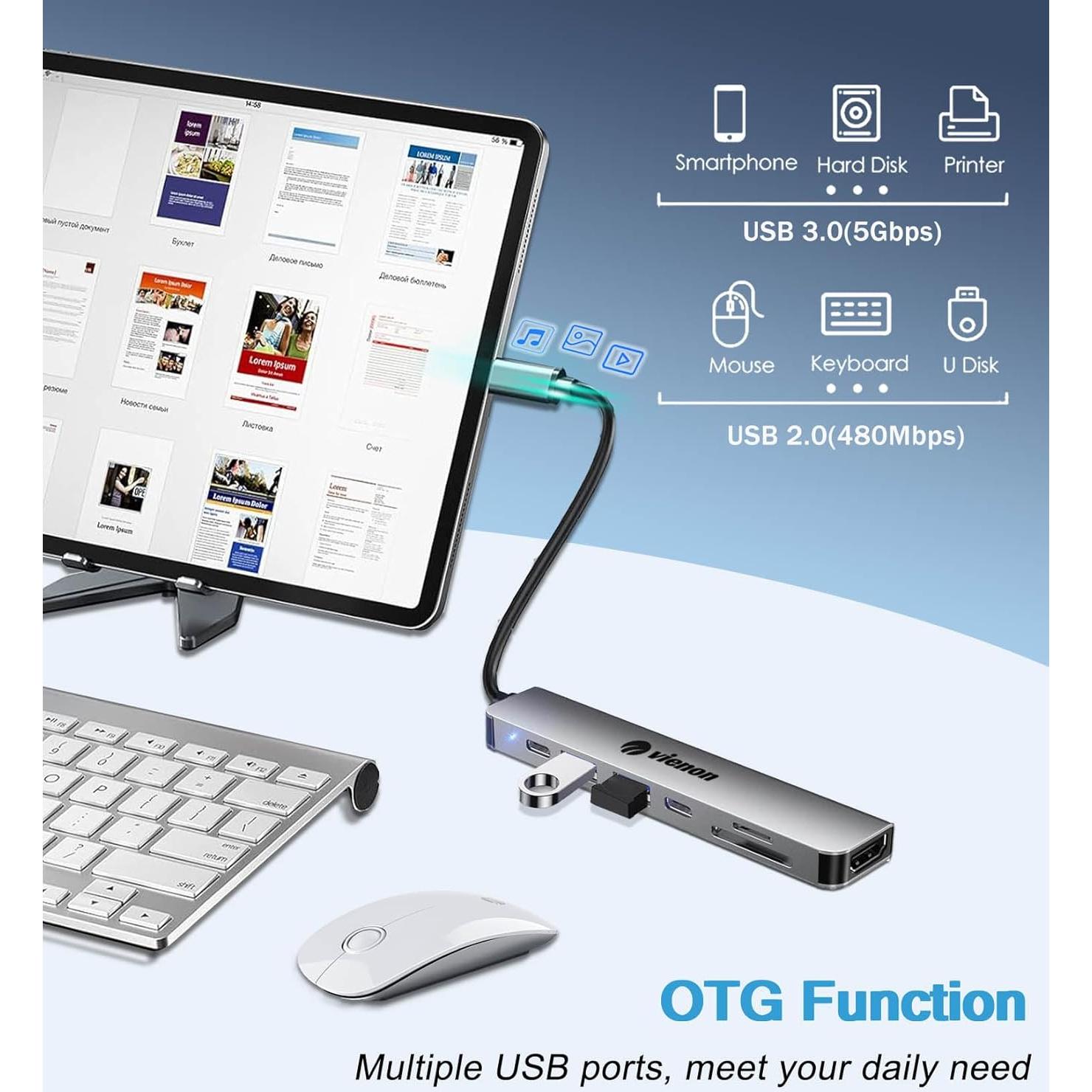 Adaptador Hub USB C HDMI 7 en 1 VIENON 4K con Lector SD