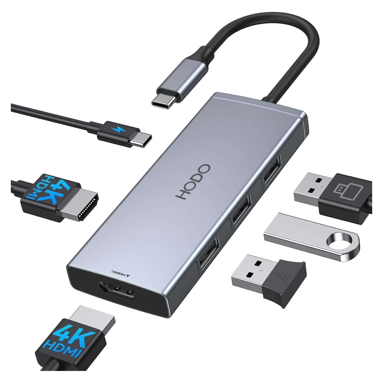 Adaptador USB C a HDMI Dual 4K 60Hz HODO 6 en 1 con 3 USB