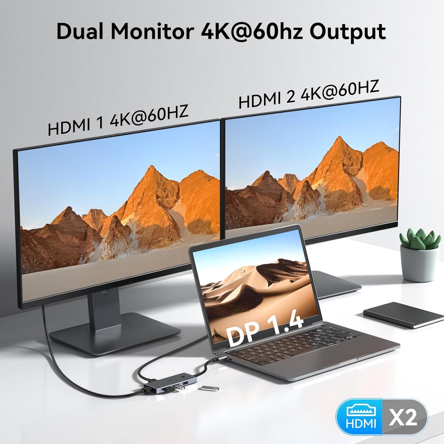 Adaptador USB C a HDMI Dual 4K 60Hz HODO 6 en 1 con 3 USB