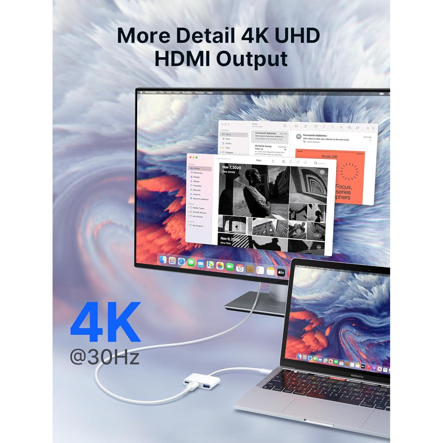 Adaptador JSAUX USB C a HDMI 4K 3-en-1 Carga 100W Blanco