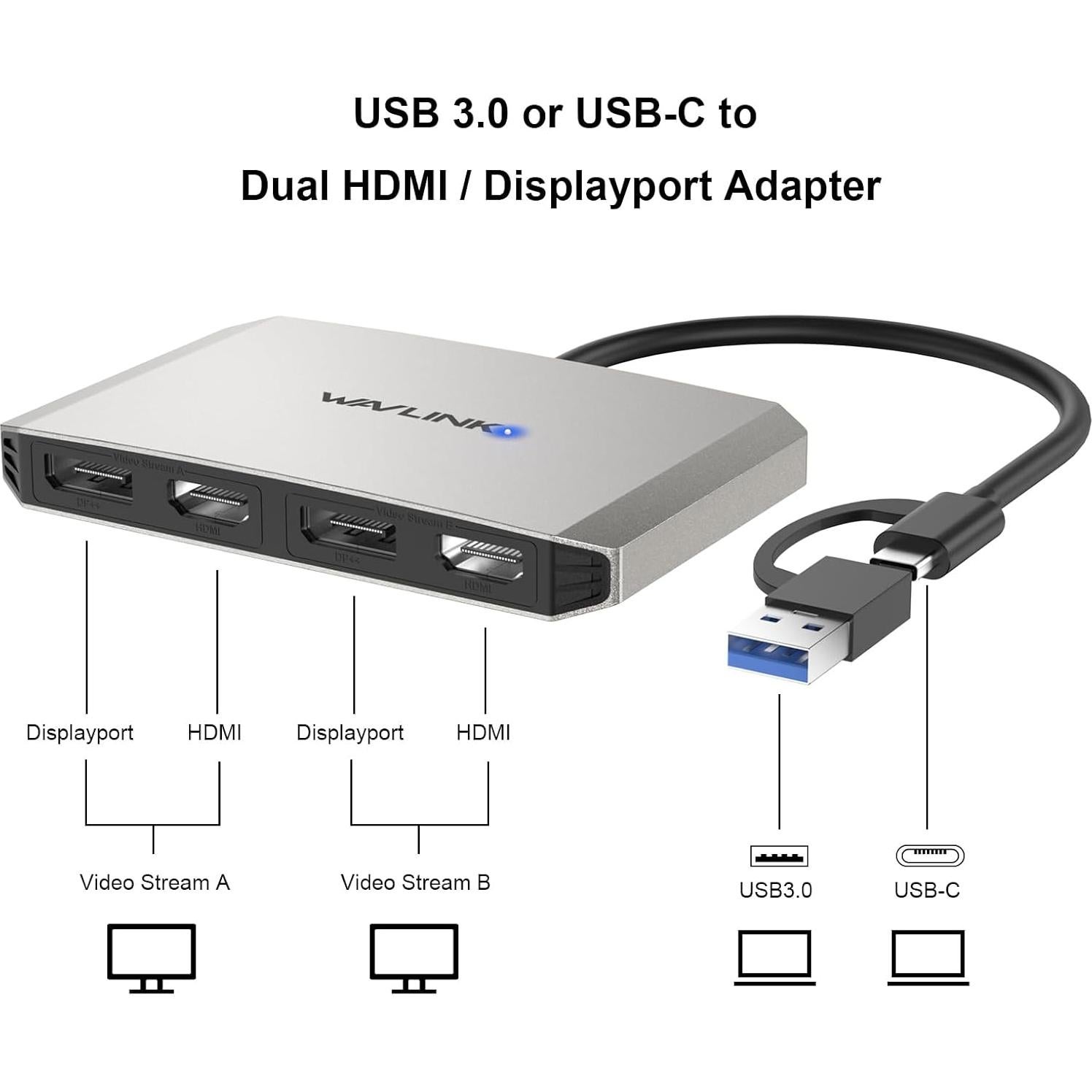 Adaptador WAVLINK USB 3.0 a Doble HDMI/DisplayPort 4K 60Hz