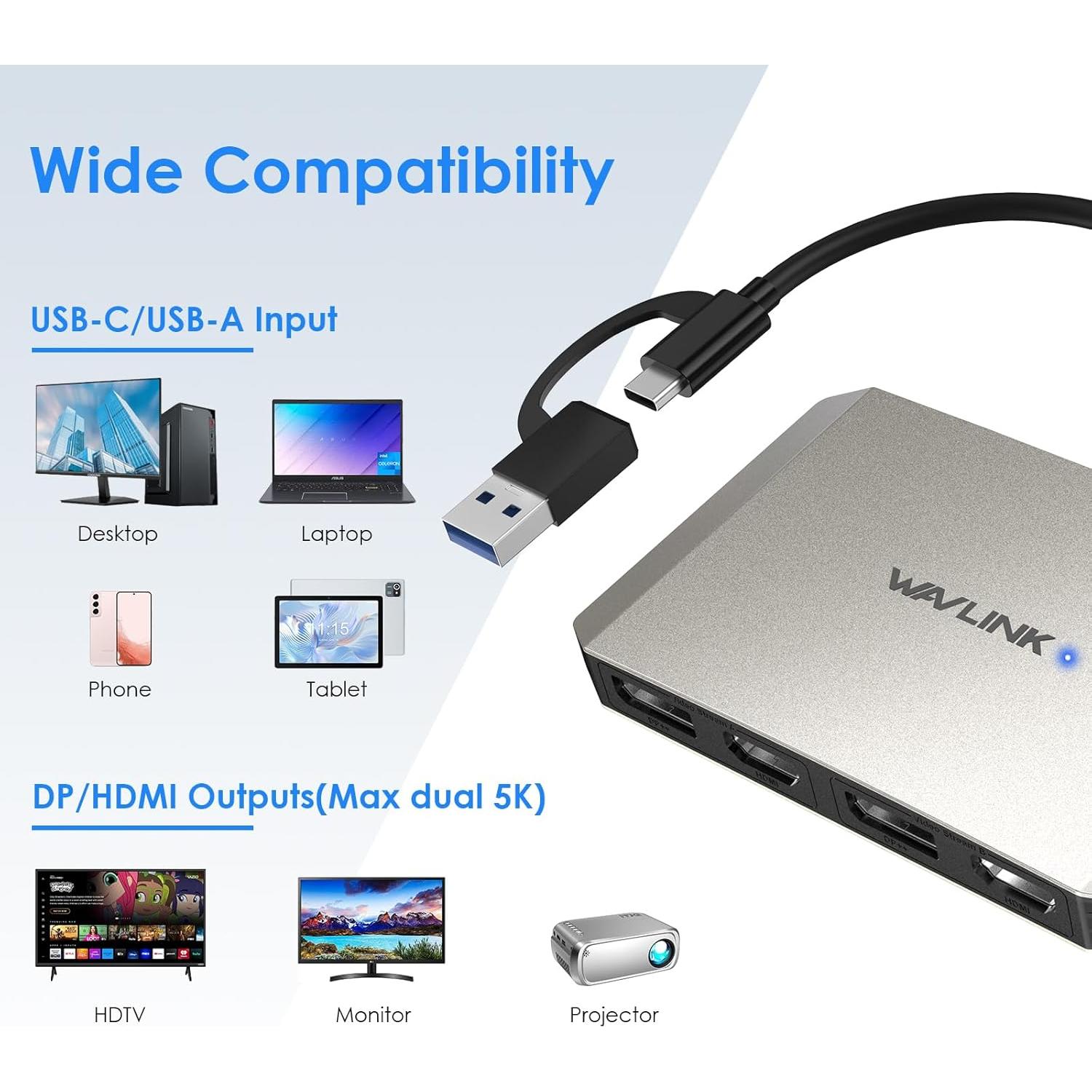Adaptador WAVLINK USB 3.0 a Doble HDMI/DisplayPort 4K 60Hz