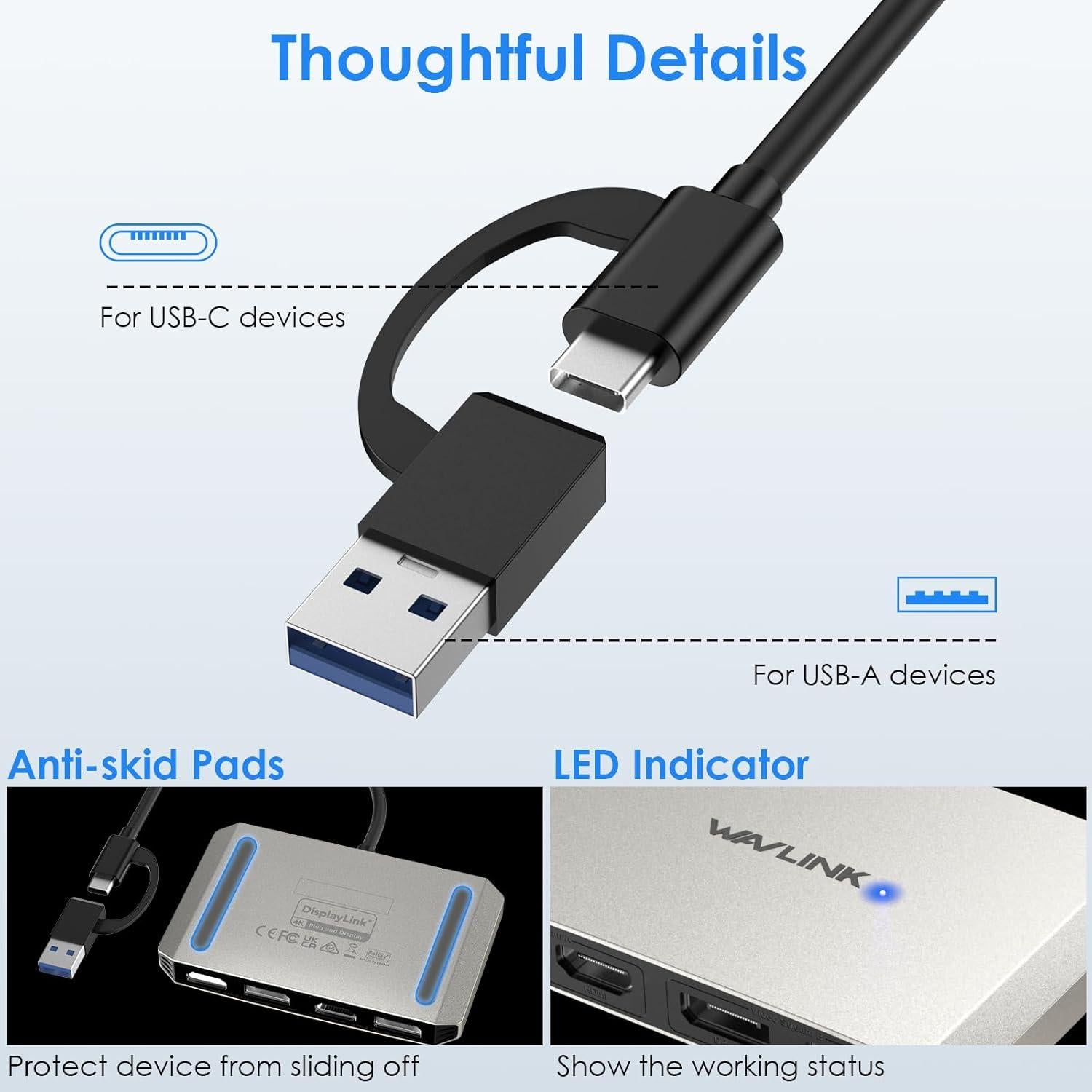 Adaptador WAVLINK USB 3.0 a Doble HDMI/DisplayPort 4K 60Hz