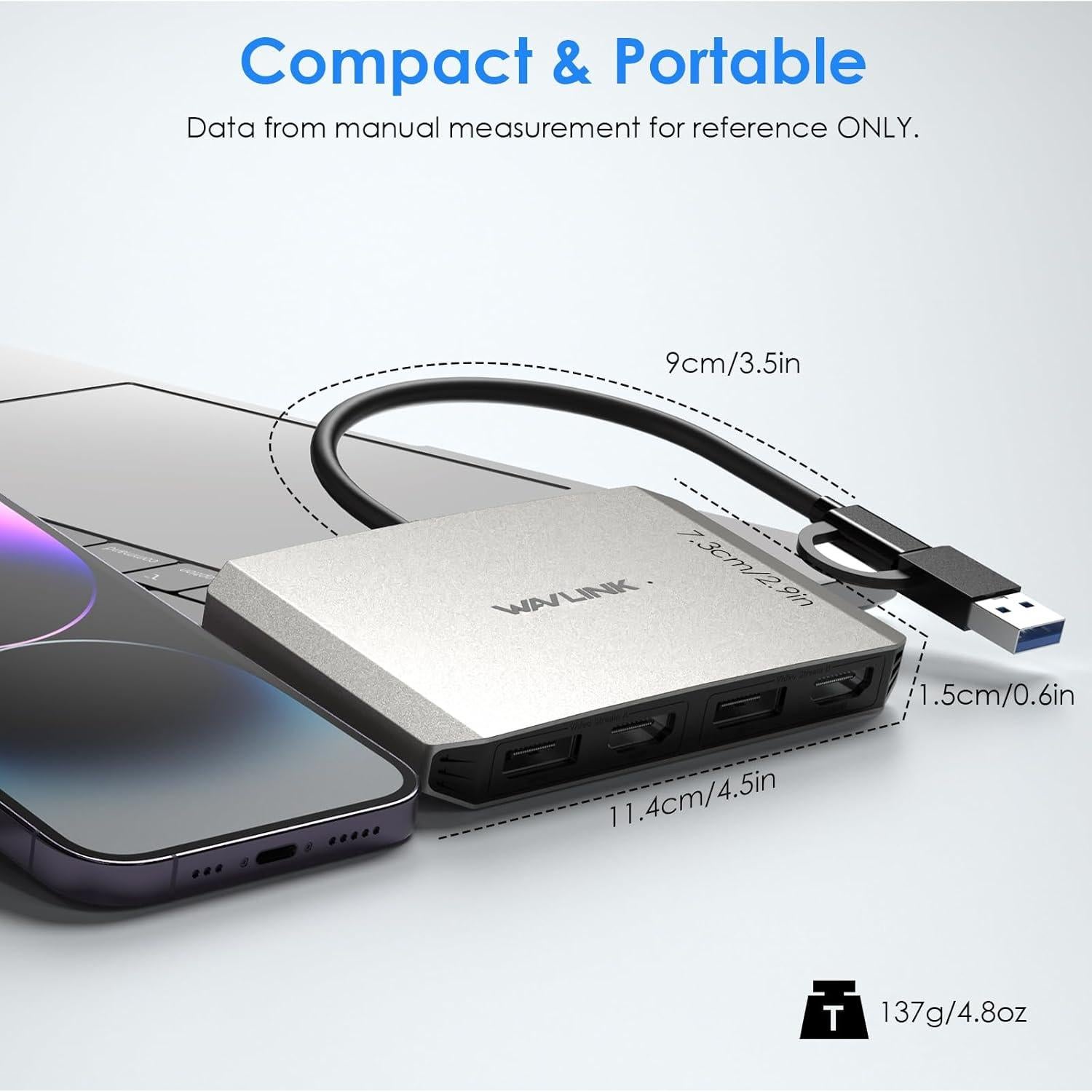 Adaptador WAVLINK USB 3.0 a Doble HDMI/DisplayPort 4K 60Hz