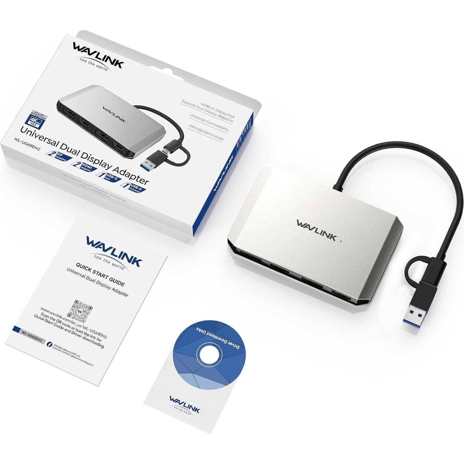 Adaptador WAVLINK USB 3.0 a Doble HDMI/DisplayPort 4K 60Hz
