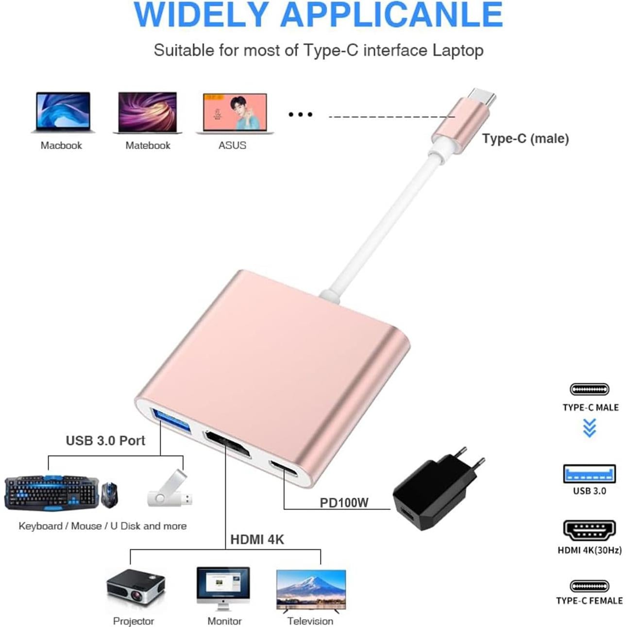 Adaptador USB-C a HDMI 4K CASOLU con Carga PD 100W Oro Rosa