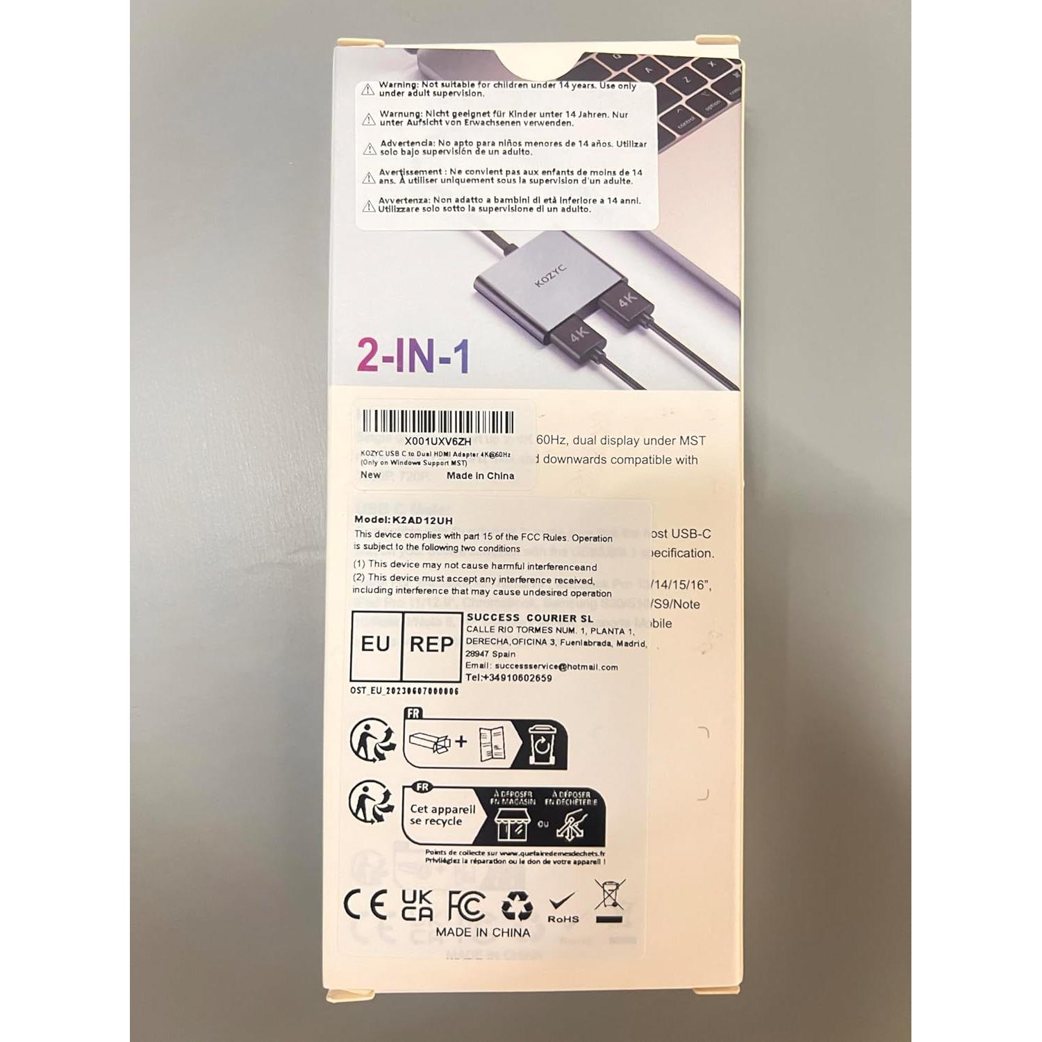 Adaptador USB C a Doble HDMI 4K 60Hz KOZYC Plata