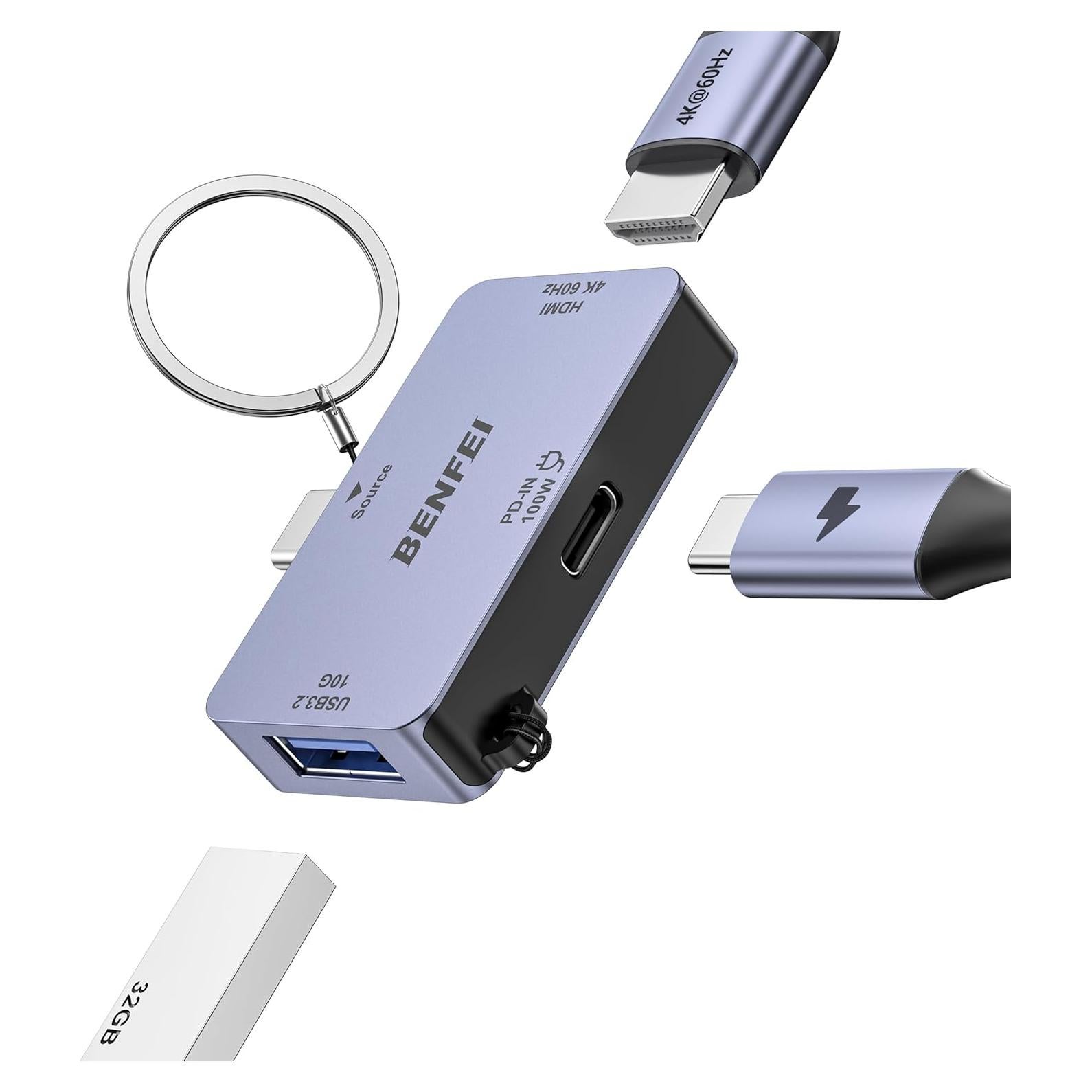 Hub USB-C 3-en-1 BENFEI HDMI 4K 100W 10Gbps Compacto
