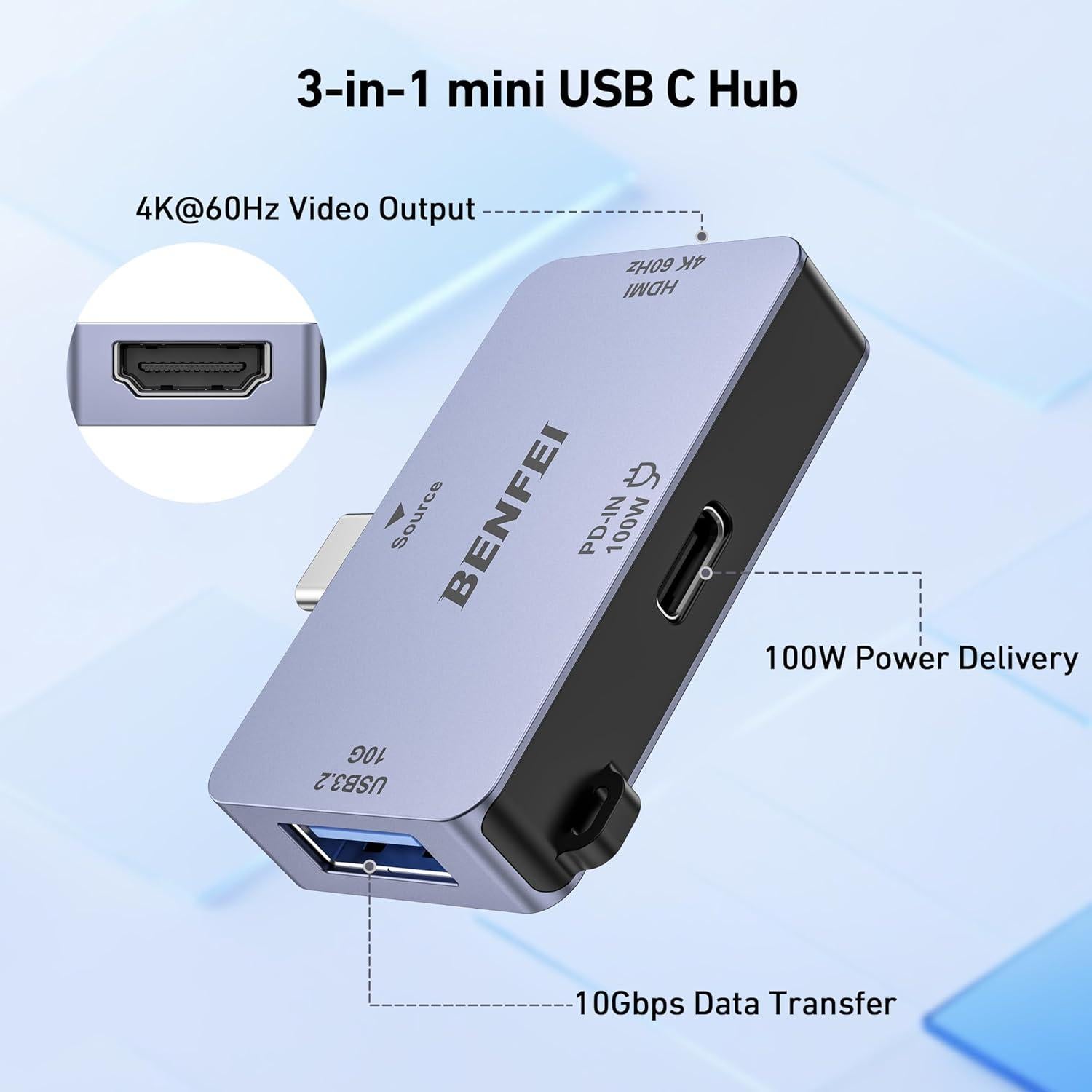 Hub USB-C 3-en-1 BENFEI HDMI 4K 100W 10Gbps Compacto