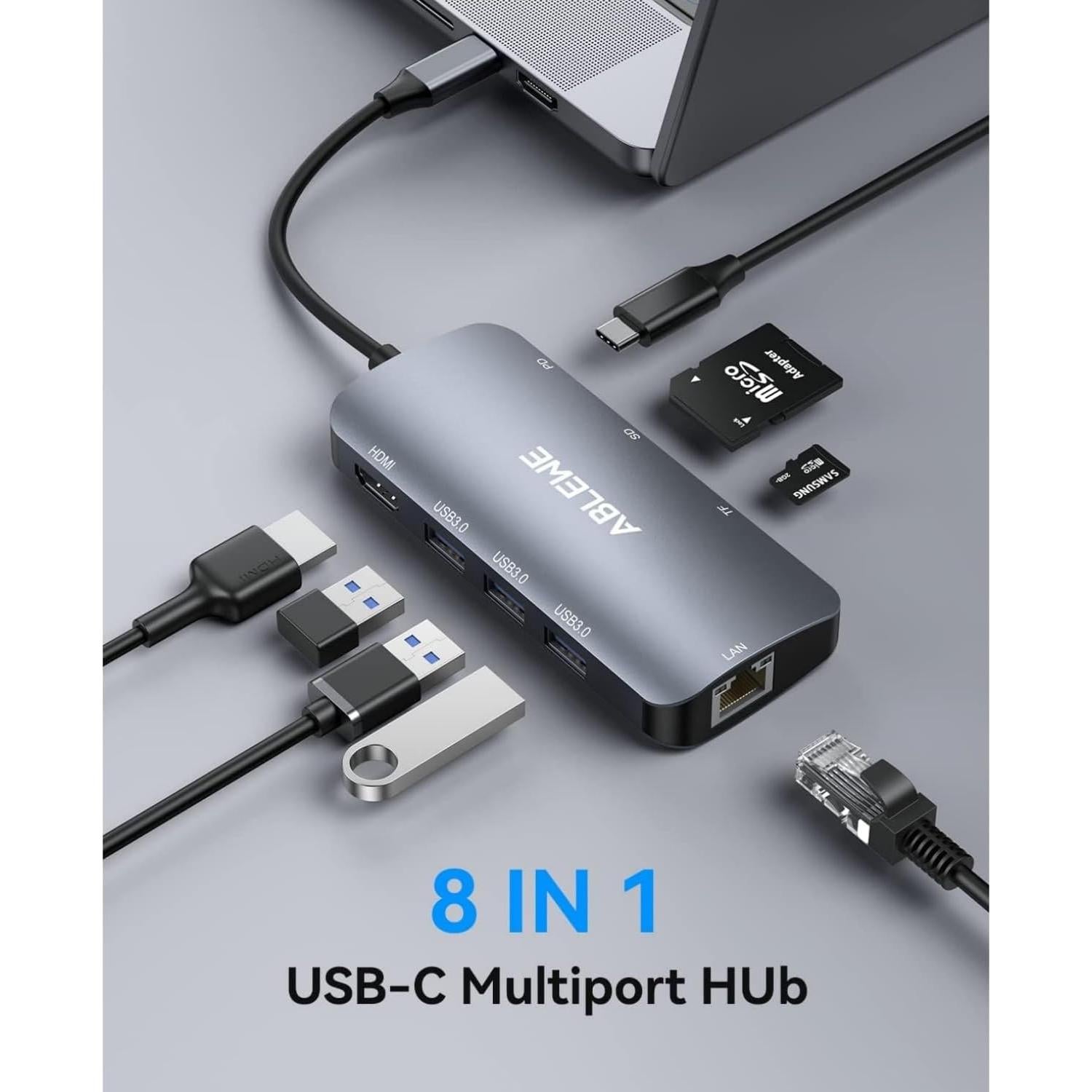 Hub USB C 8 en 1 ABLEWE con HDMI 4K, Ethernet 1000Mbps
