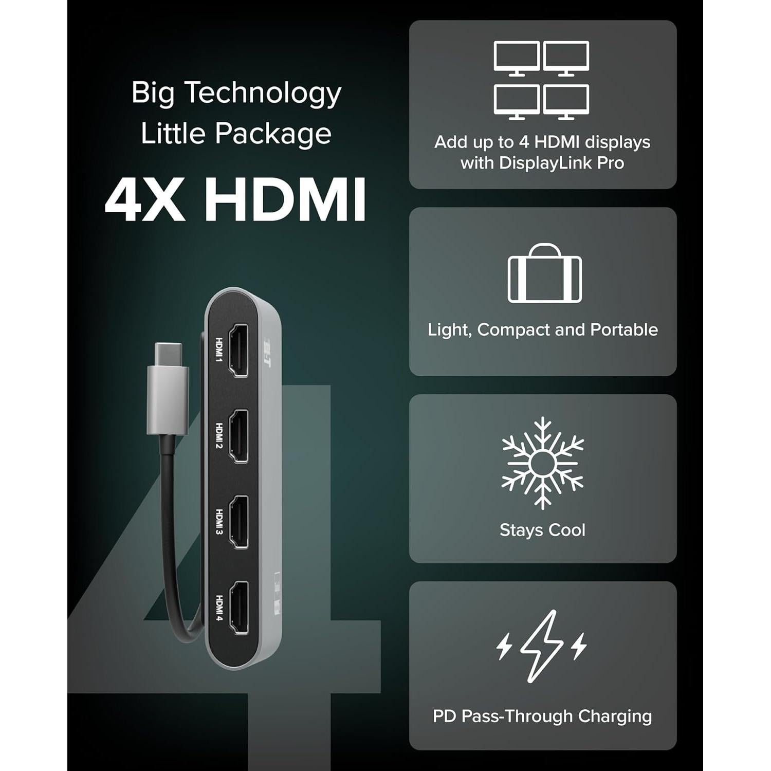 Adaptador USB-C a Quad HDMI 4K Plugable USBC-7400H4 100W