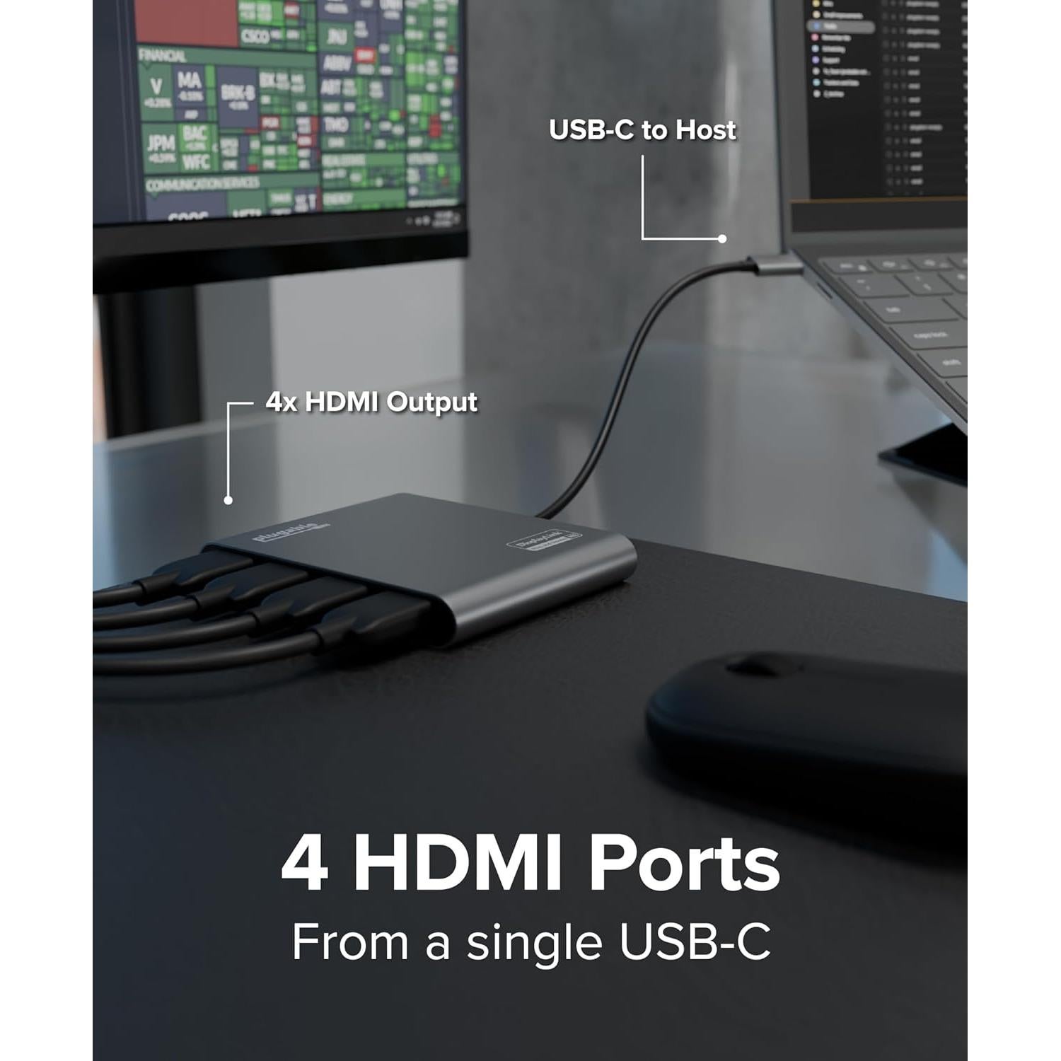 Adaptador USB-C a Quad HDMI 4K Plugable USBC-7400H4 100W