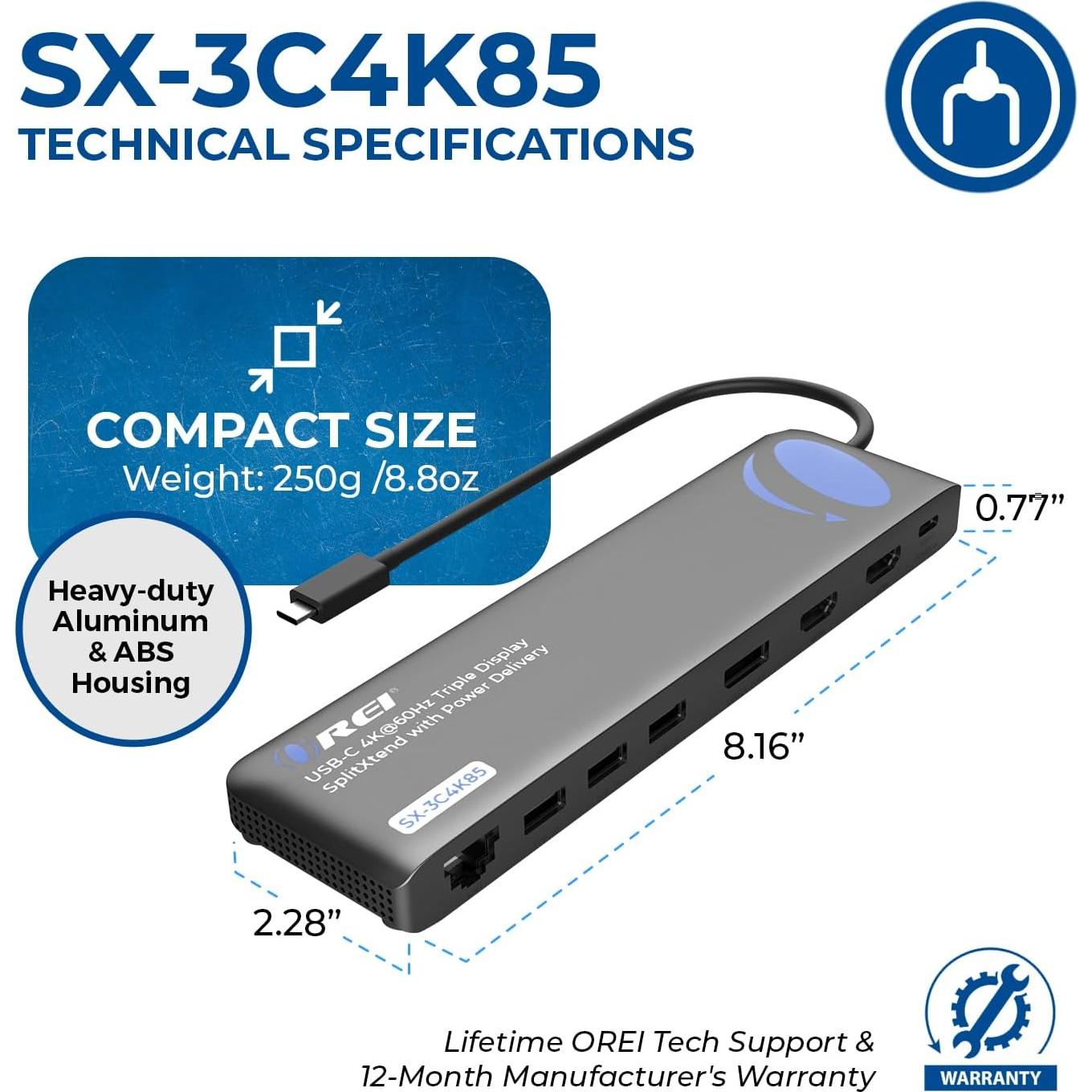 OREI Estación de Acoplamiento USB-C 12 en 1 - 2x HDMI, 1x DP, 100W PD