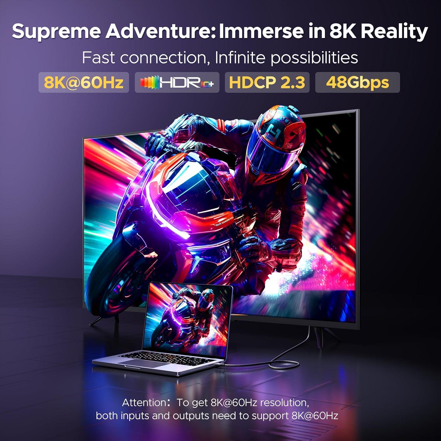 Cable USB-C a HDMI 8K WARRKY 1.83m 48Gbps Compatible Thunderbolt