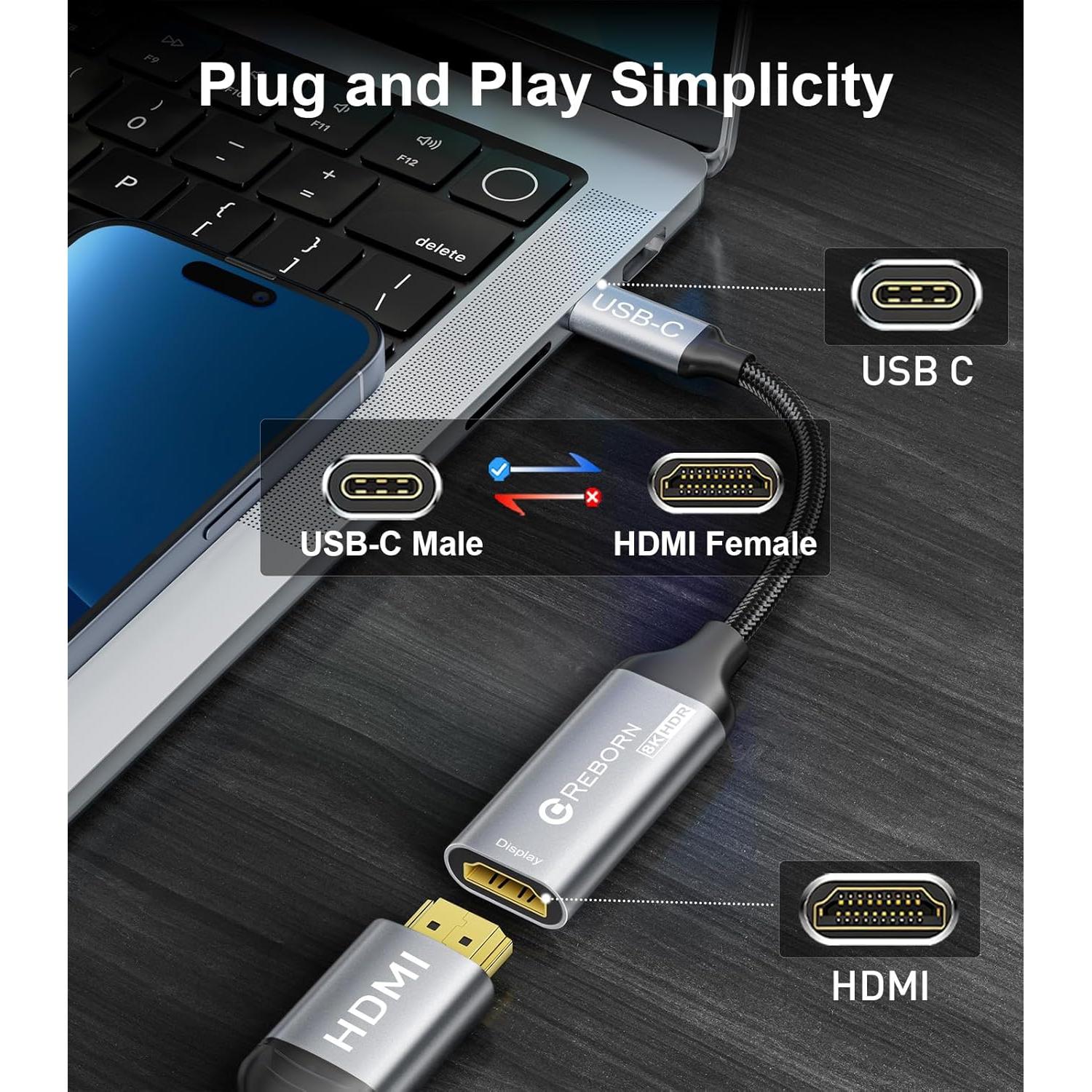 Adaptador Reborn USB-C a HDMI 2.1 8K 60Hz - Compatible Thunderbolt