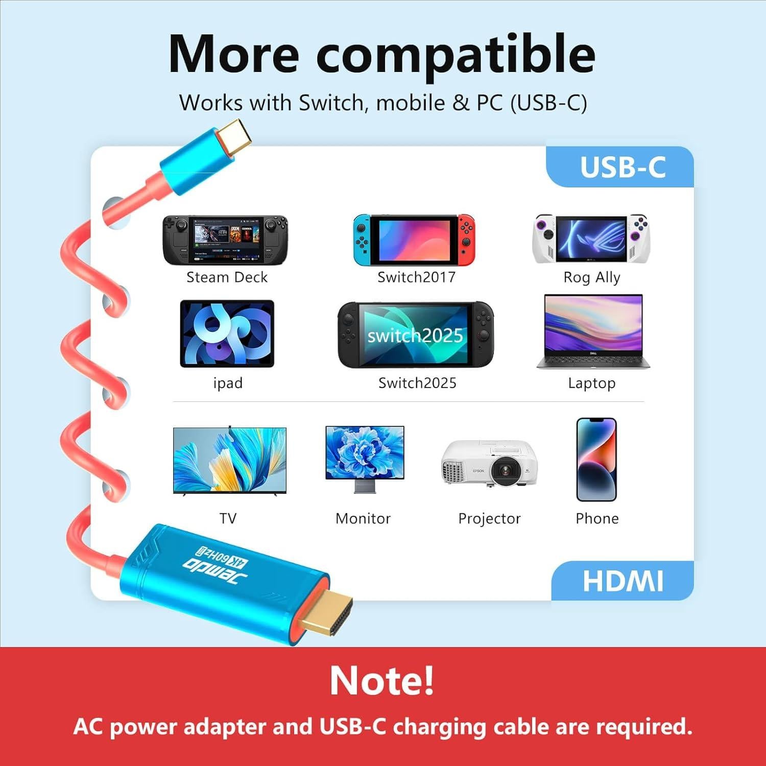 Adaptador HDMI 2.0 JEMDO 2m USB-C 3.2 4K 60Hz para Switch
