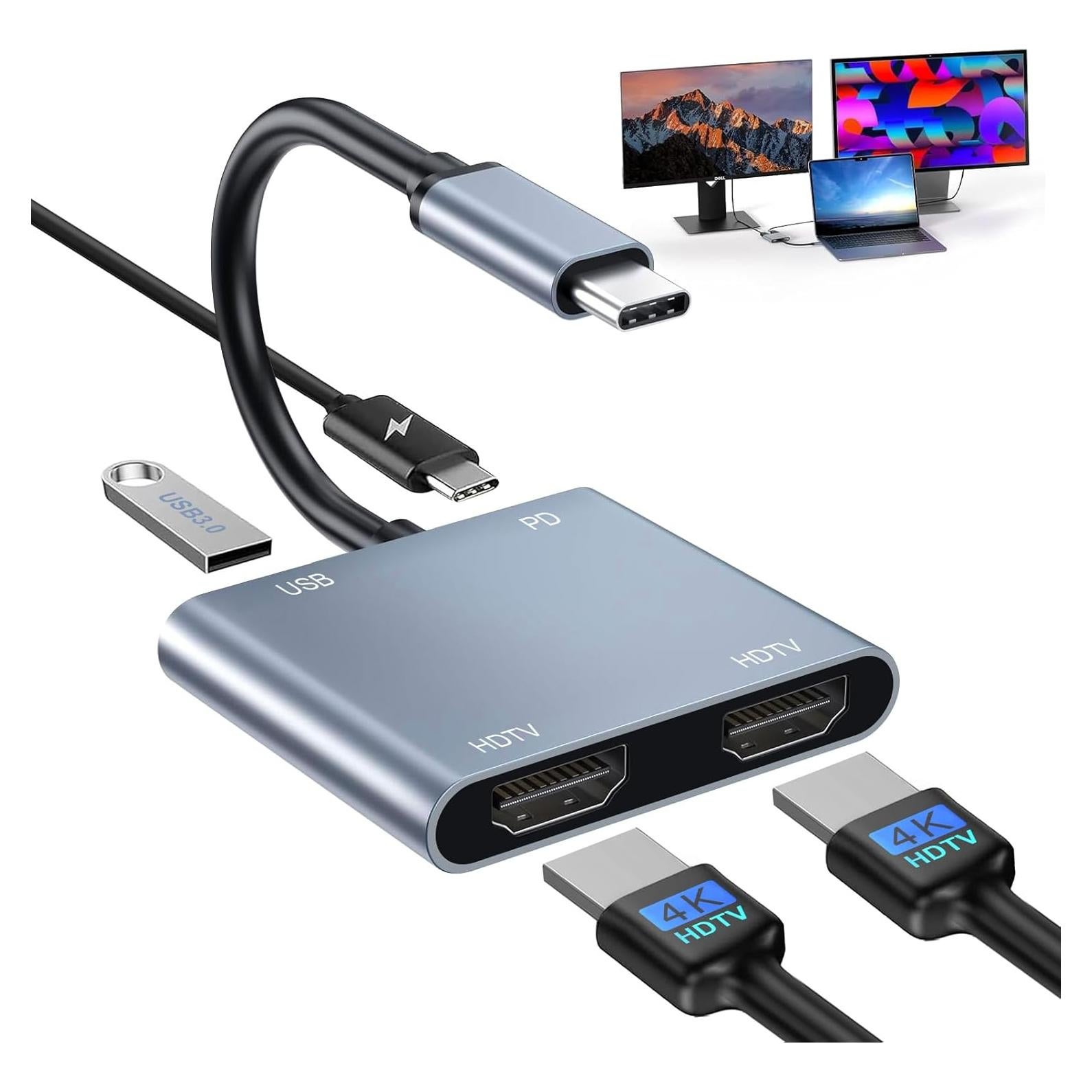 Adaptador USB C a Doble HDMI 4K 60Hz Denlane con USB 3.0