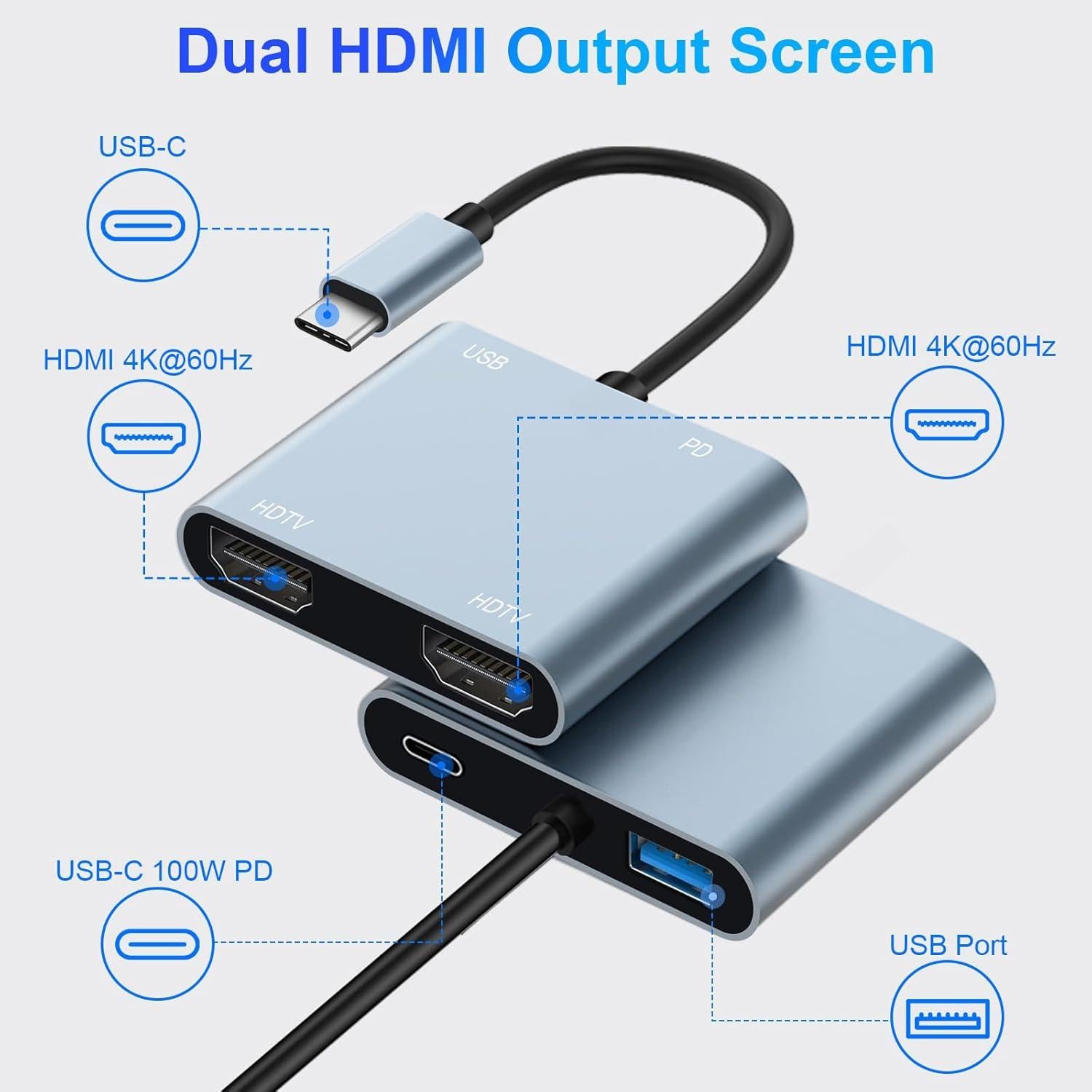 Adaptador USB C a Doble HDMI 4K 60Hz Denlane con USB 3.0