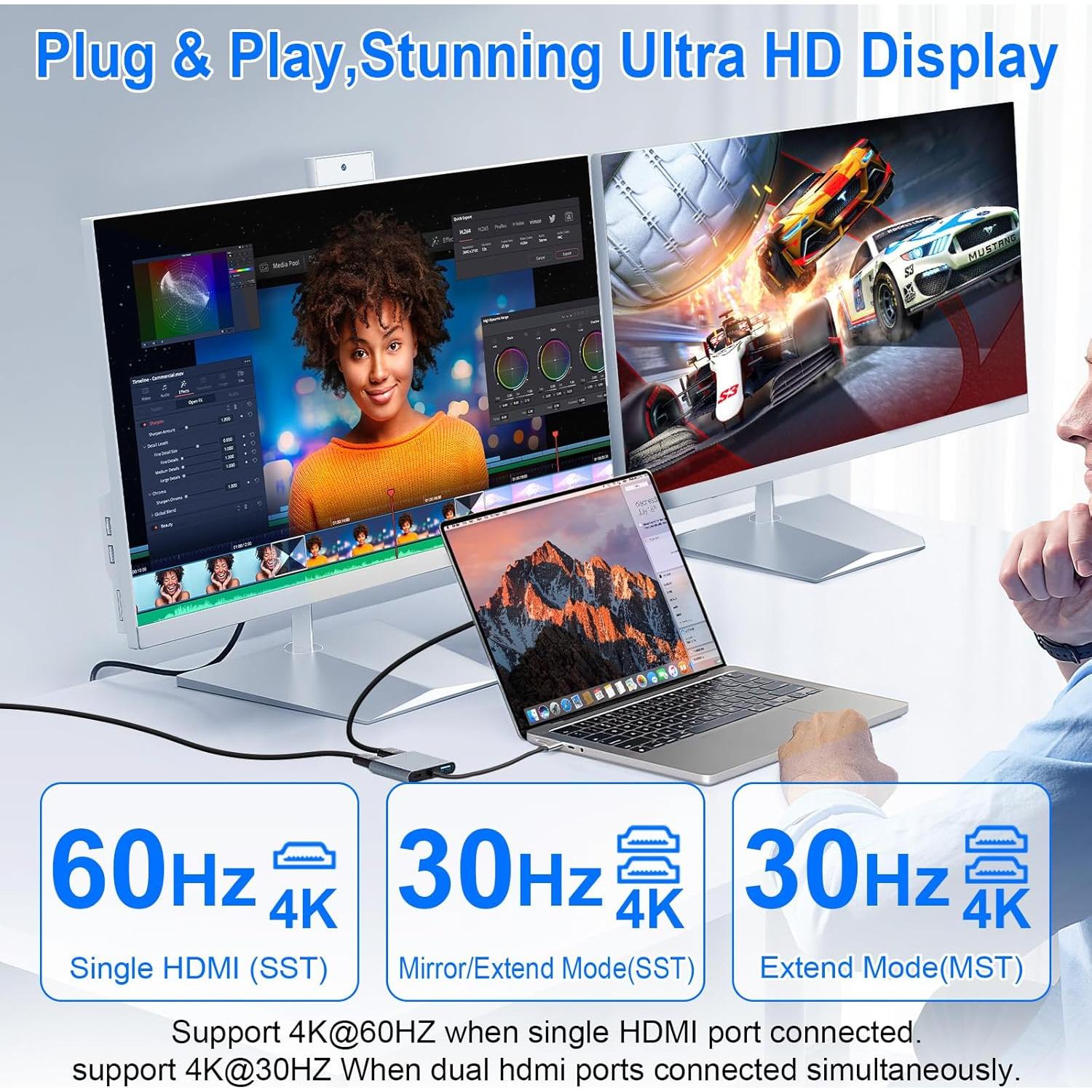 Adaptador USB C a Doble HDMI 4K 60Hz Denlane con USB 3.0