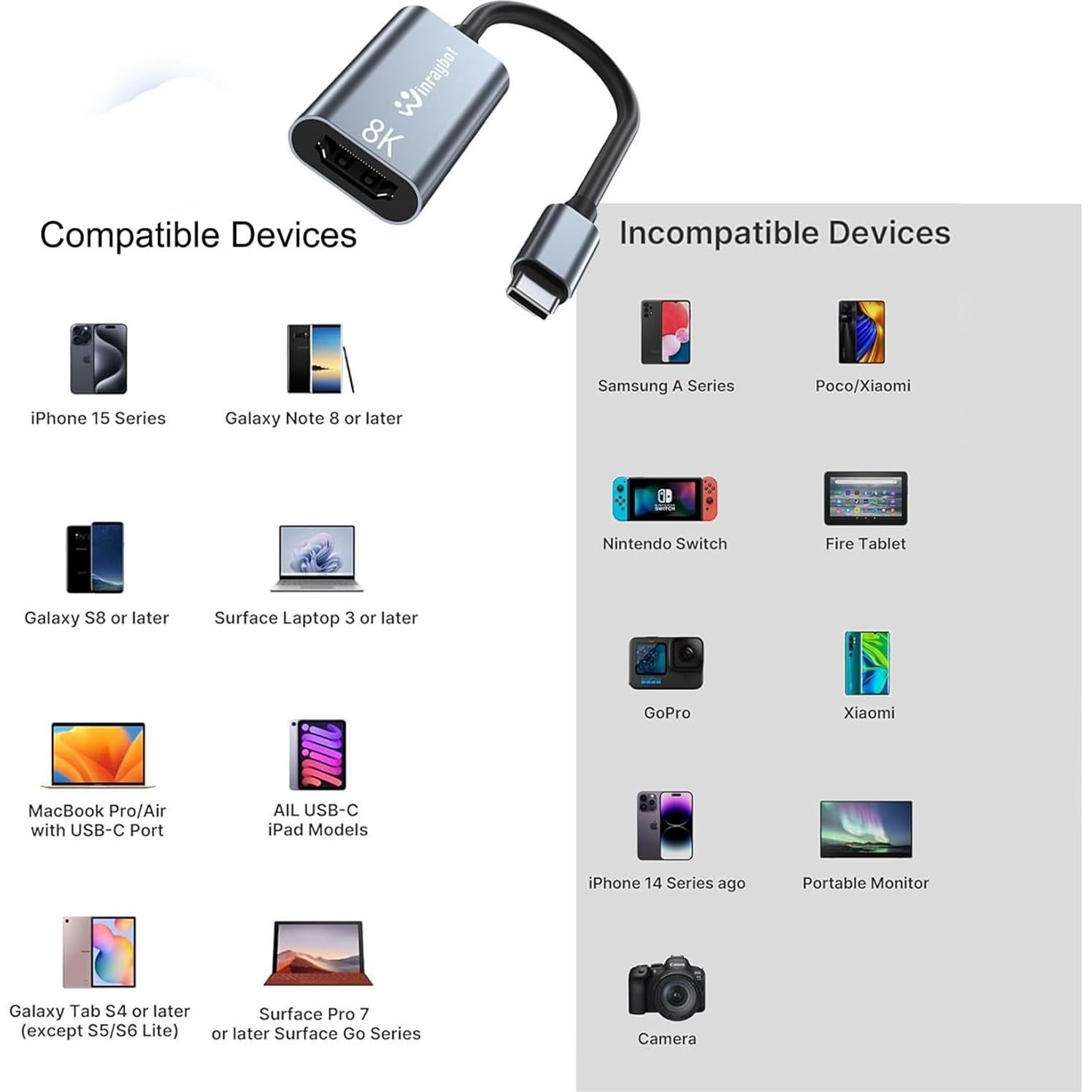 Adaptador USB C a HDMI 8K WinRaybot - 18g, 16.5x10.2cm