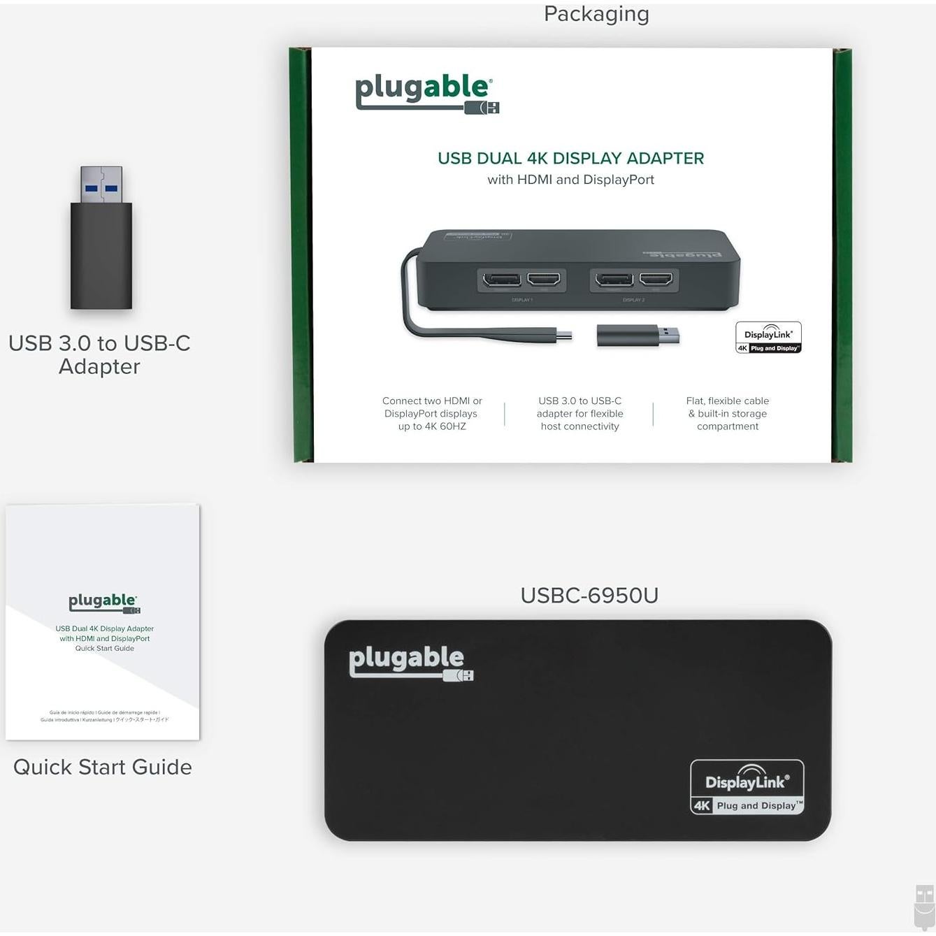 Adaptador Doble Monitor 4K Plugable USBC-6950U HDMI/DisplayPort