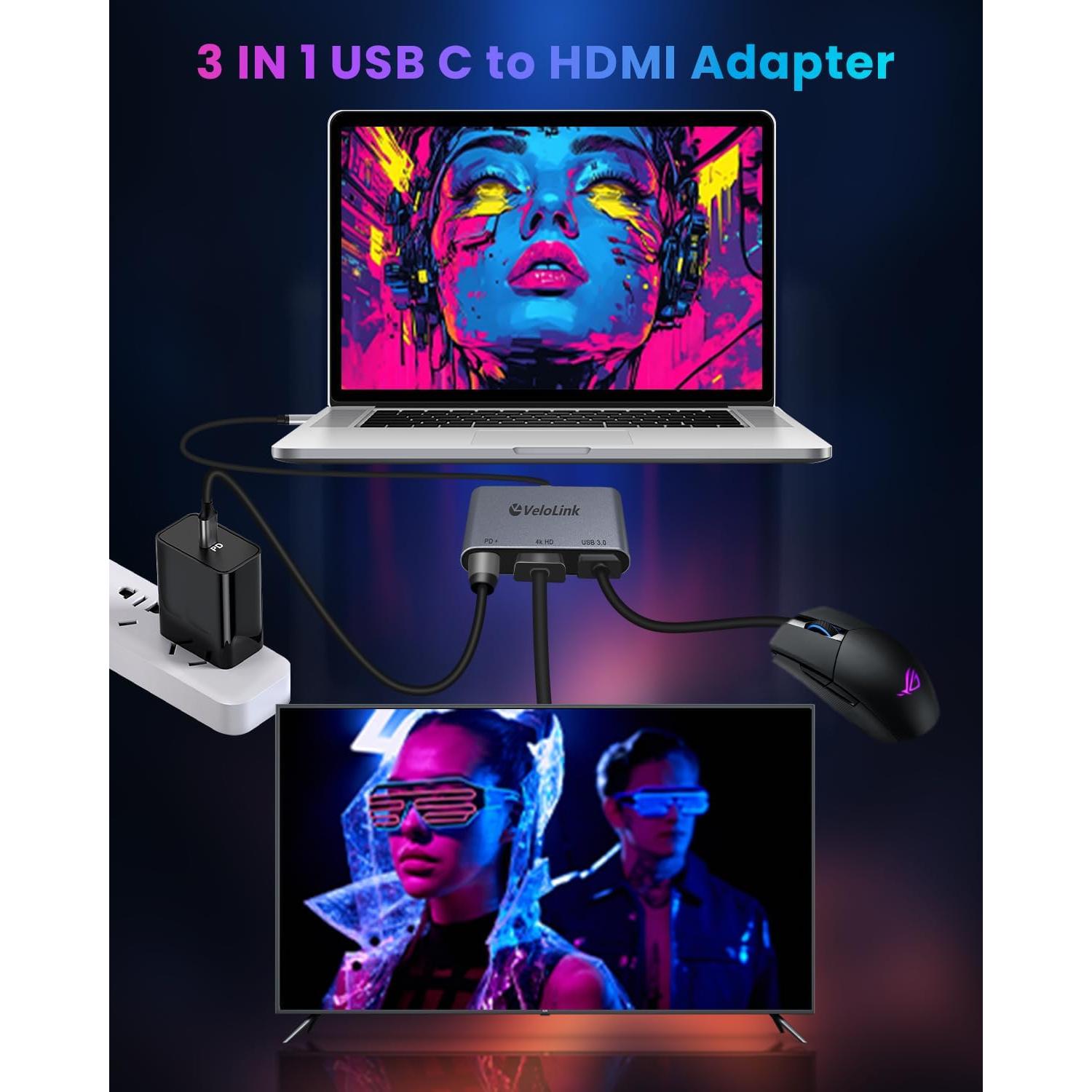 Adaptador USB-C a HDMI 4K 30Hz VELOLINK con Carga PD