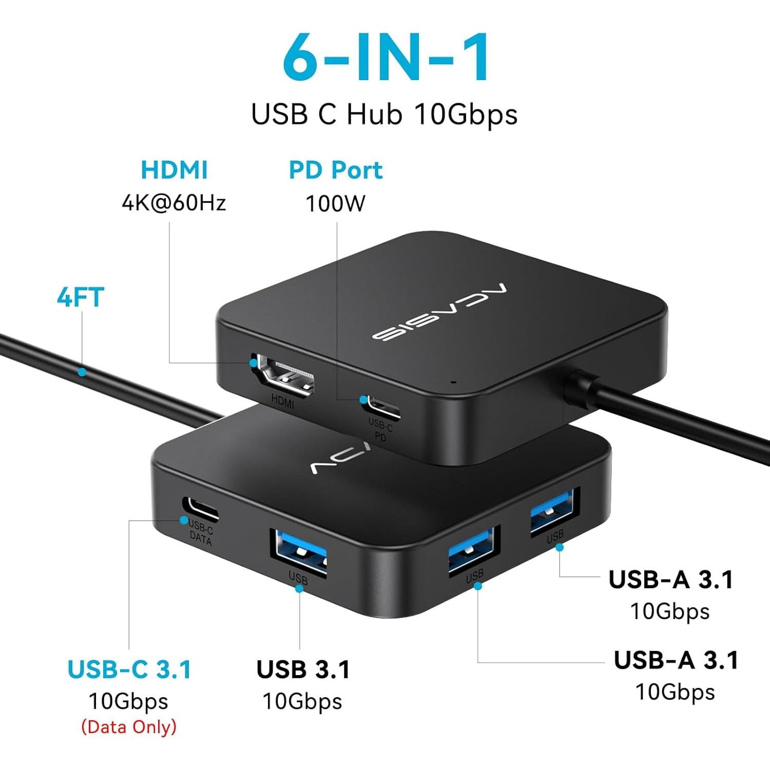 Hub USB C ACASIS 6 en 1 con HDMI 4K 60Hz y 100W