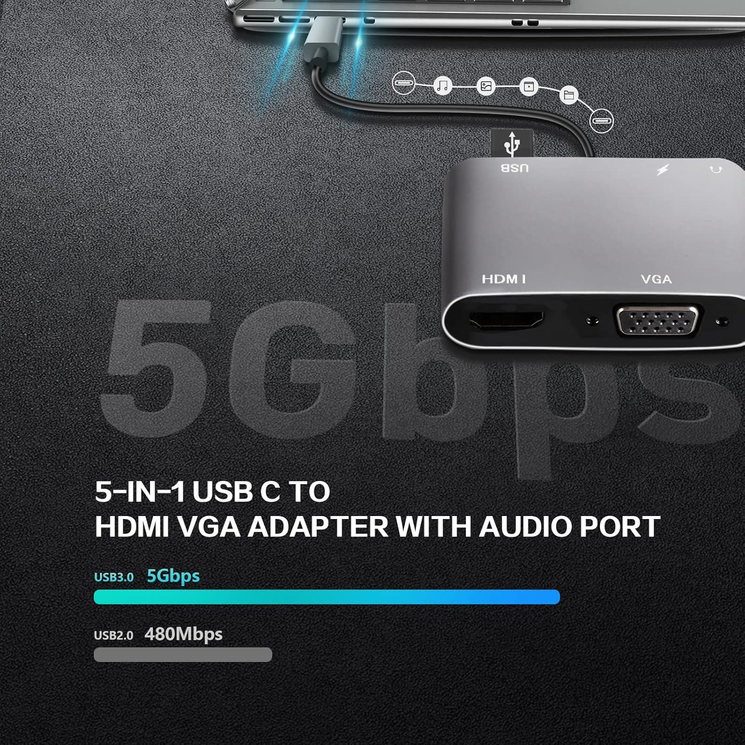 Adaptador VCOM USB C a HDMI y VGA 4K 5 en 1 Gris
