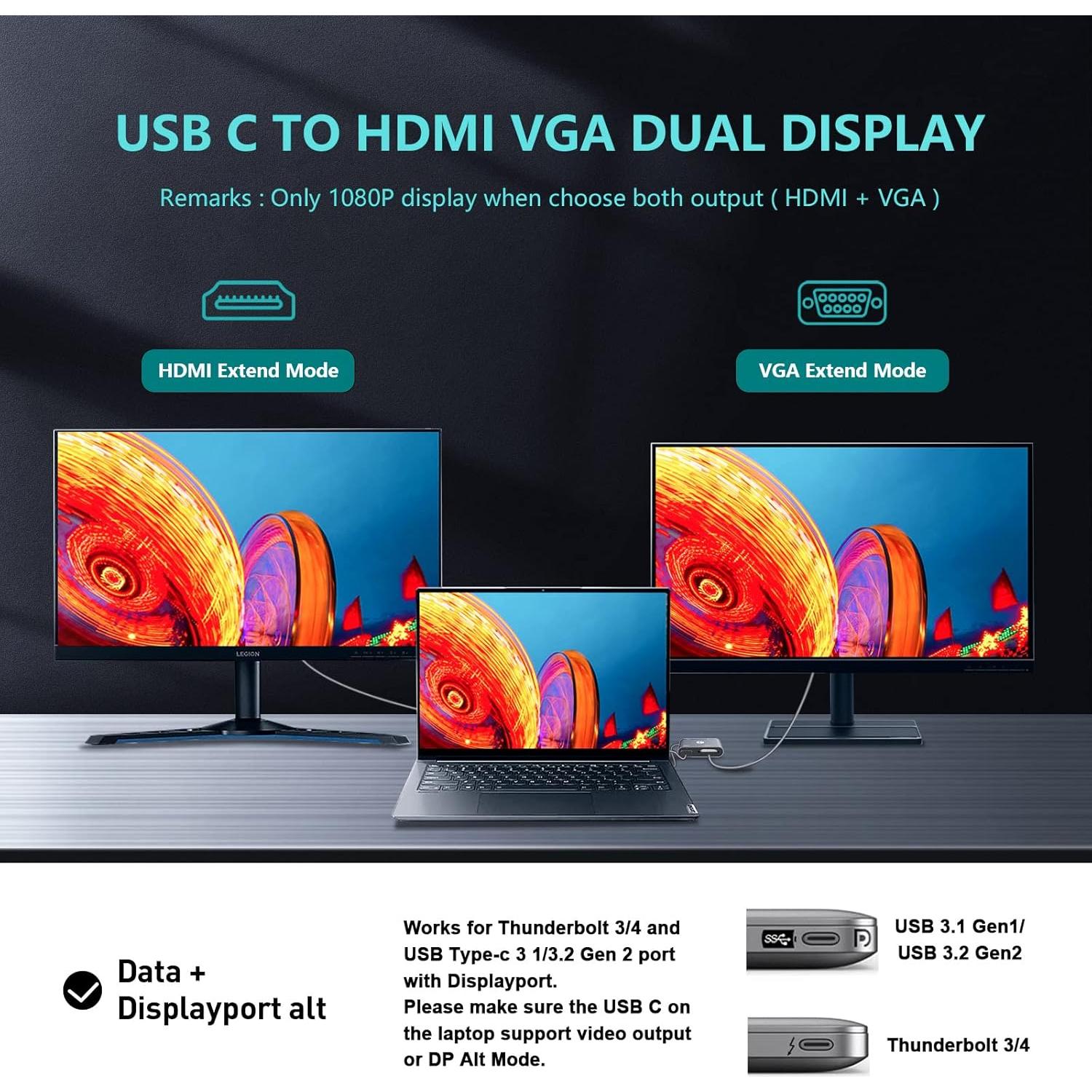 Adaptador VCOM USB C a HDMI y VGA 4K 5 en 1 Gris