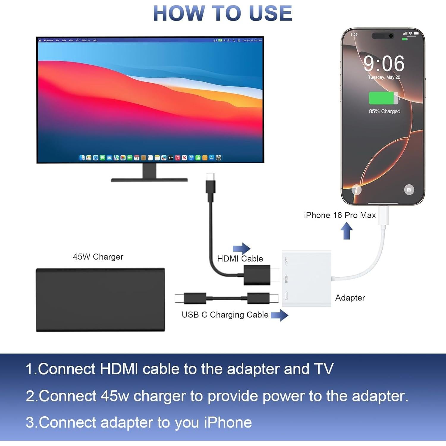 Adaptador USB C a HDMI 4K 100W Dongguan Lijie - 3 en 1