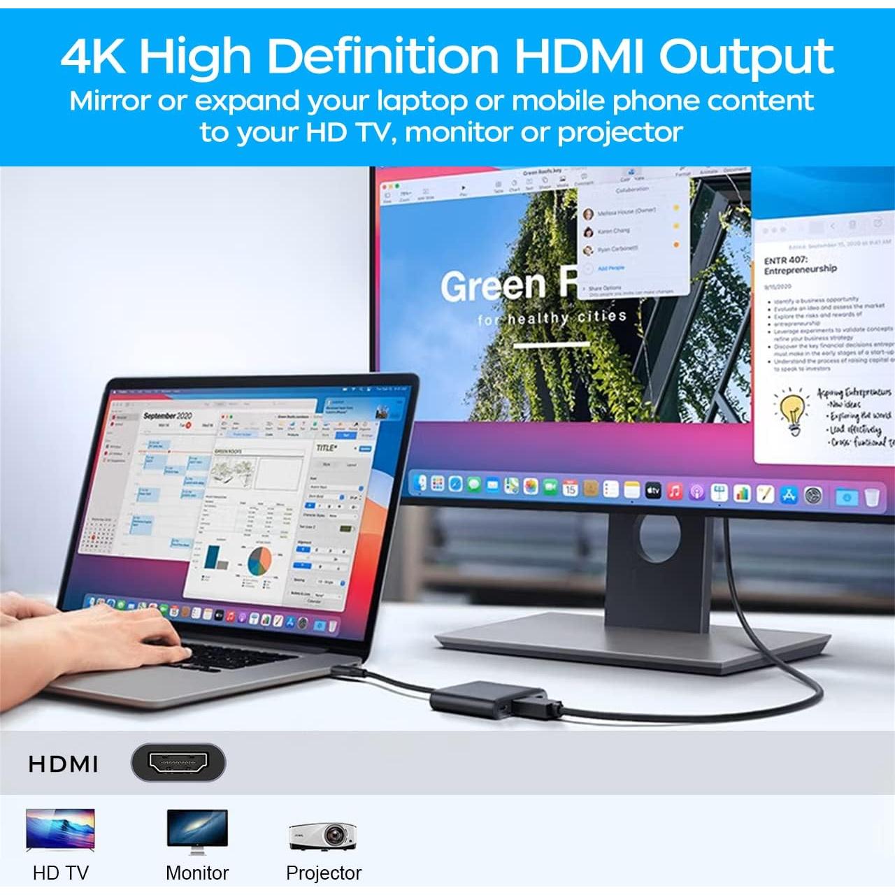 Adaptador USB C a HDMI 4K QINGLER con Carga Rápida 87W