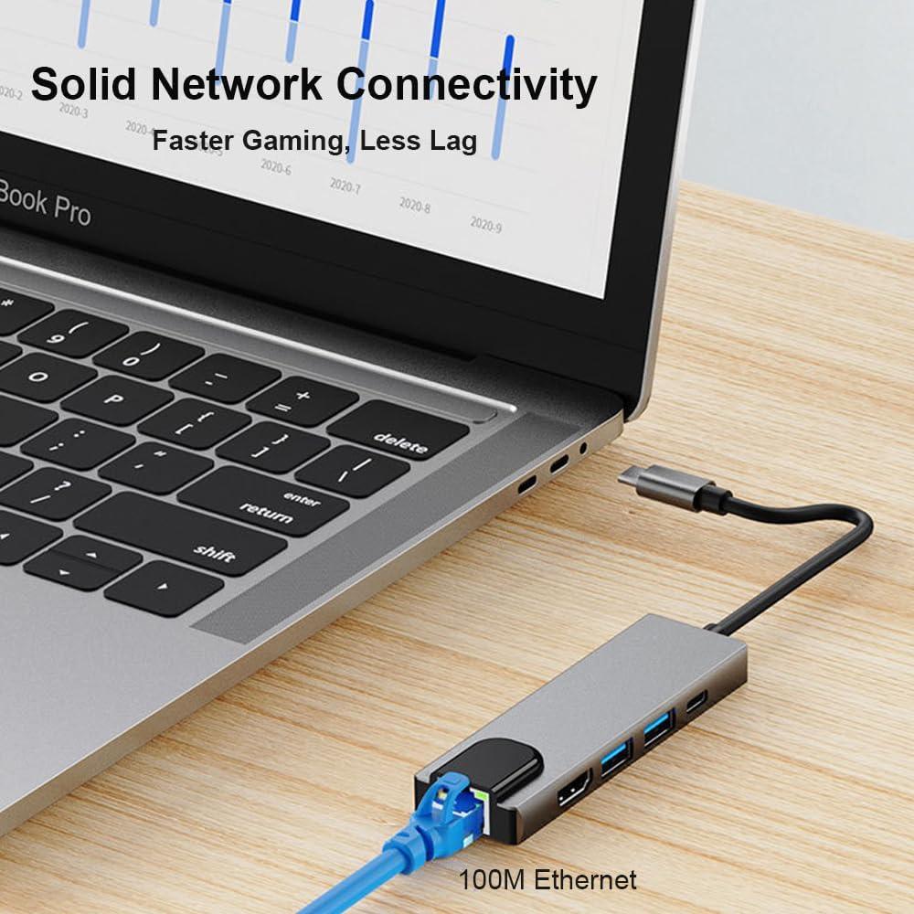 Hub USB-C 5-en-1 QCEs con HDMI, Ethernet y Carga PD
