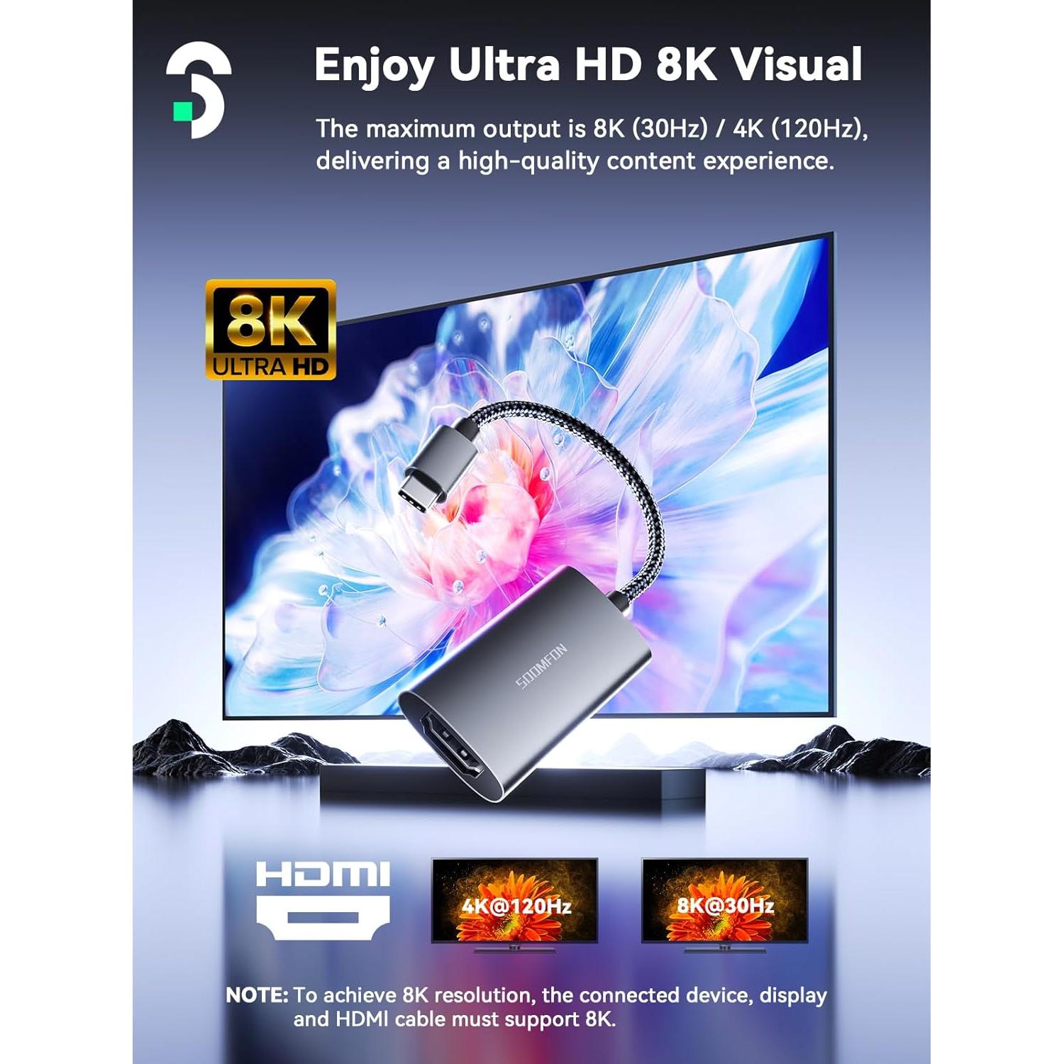 Adaptador USB C a HDMI SOOMFON 4K 120Hz Compatible PS5 Xbox