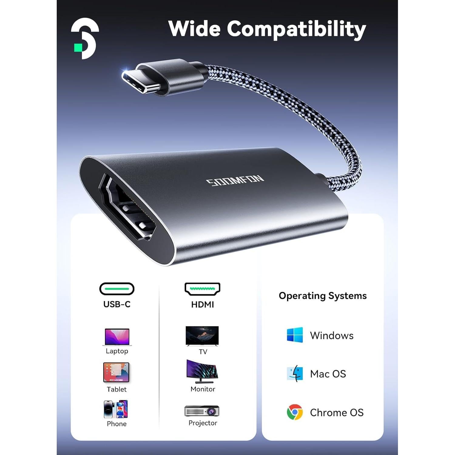 Adaptador USB C a HDMI SOOMFON 4K 120Hz Compatible PS5 Xbox