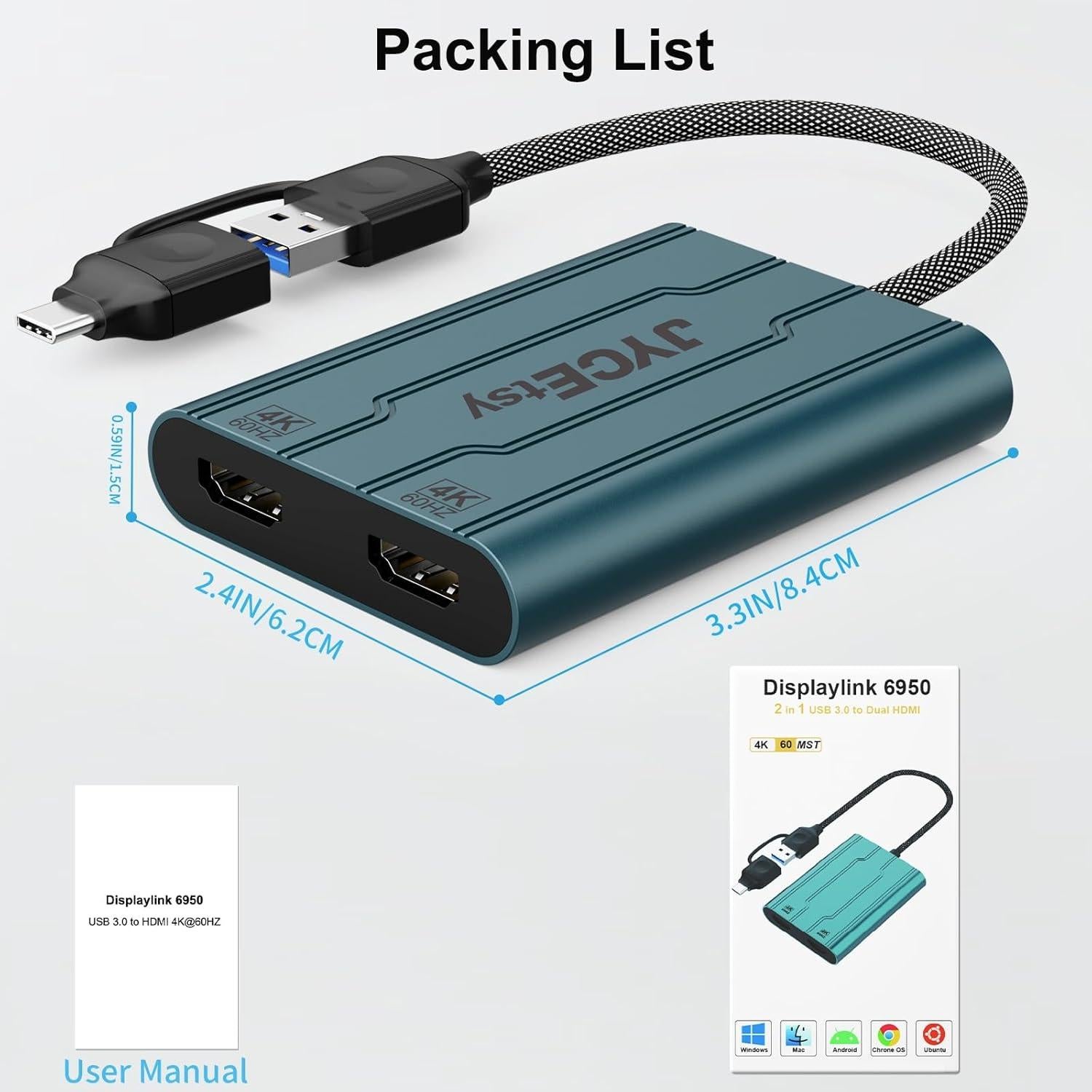 Adaptador USB C a HDMI JYCETSY DL6950 Doble Monitor 4K 60Hz