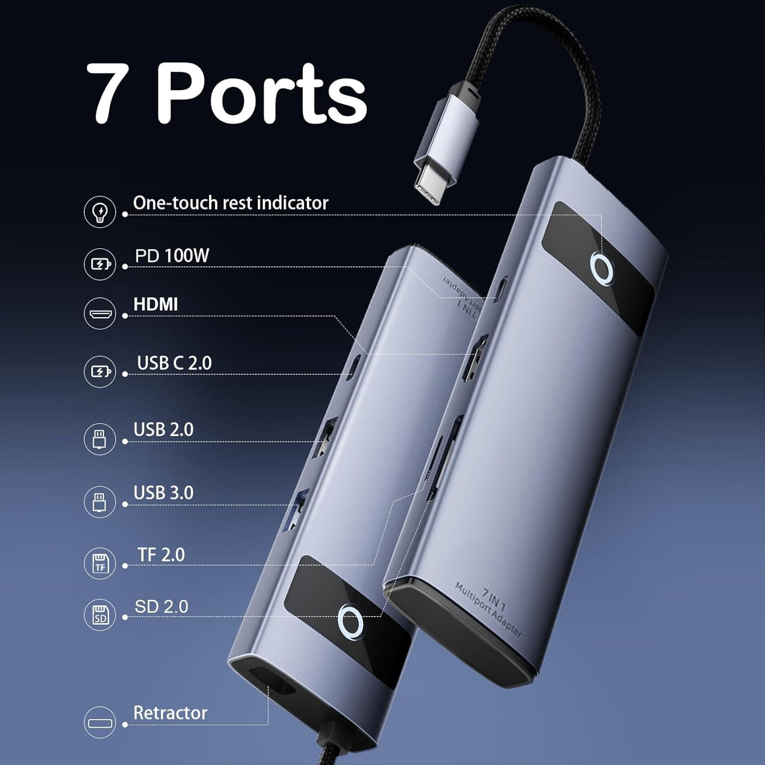 Hub USB C 7 en 1 Diamondtiger con HDMI 4K y 100W PD