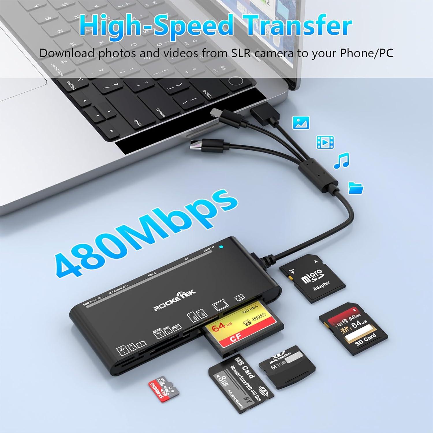 Lector de Tarjetas Múltiples Rocketek USB C Lightning SD TF CF