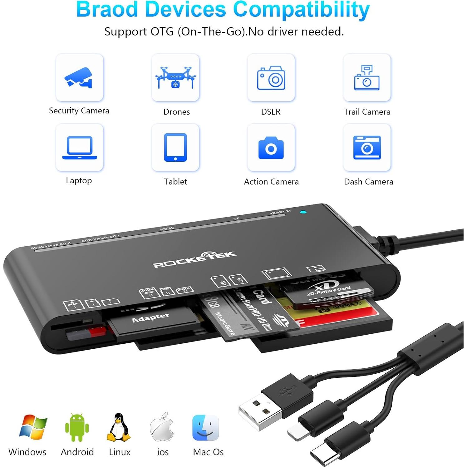 Lector de Tarjetas Múltiples Rocketek USB C Lightning SD TF CF