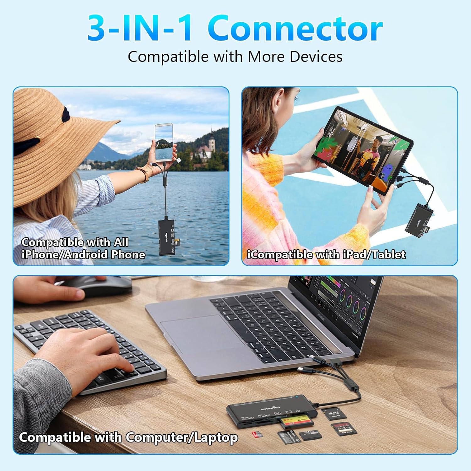 Lector de Tarjetas Múltiples Rocketek USB C Lightning SD TF CF