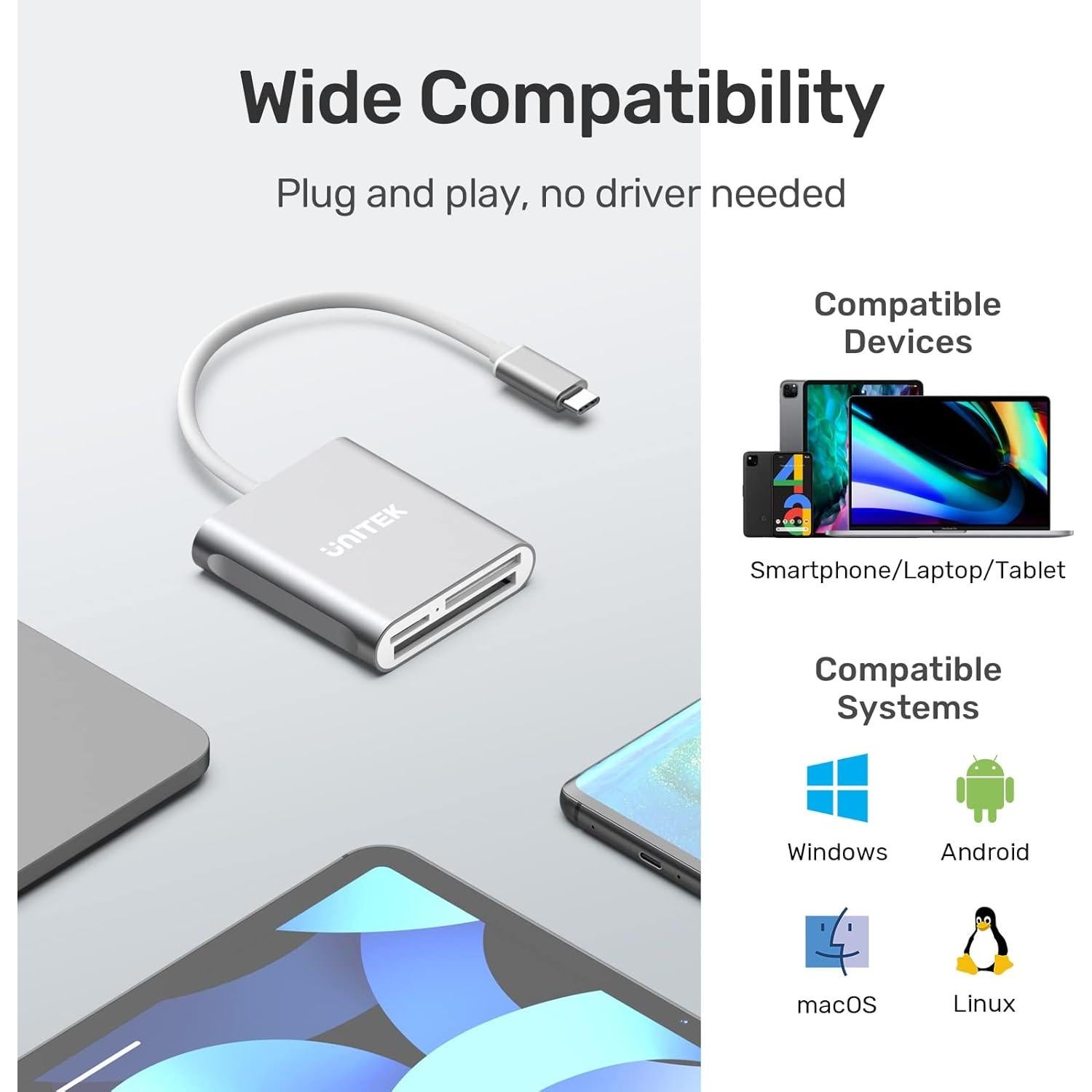 Lector de Tarjetas USB C Unitek Y-9324BGY 3 Ranuras Aluminio