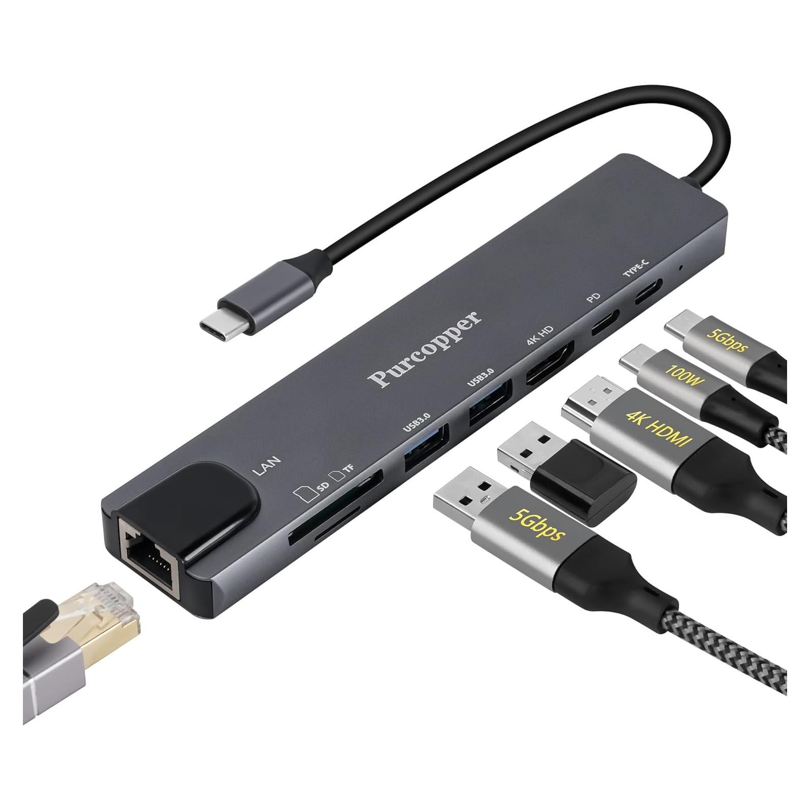 Adaptador Hub USB C 8 en 1 Purcopper con HDMI 4K y Ethernet
