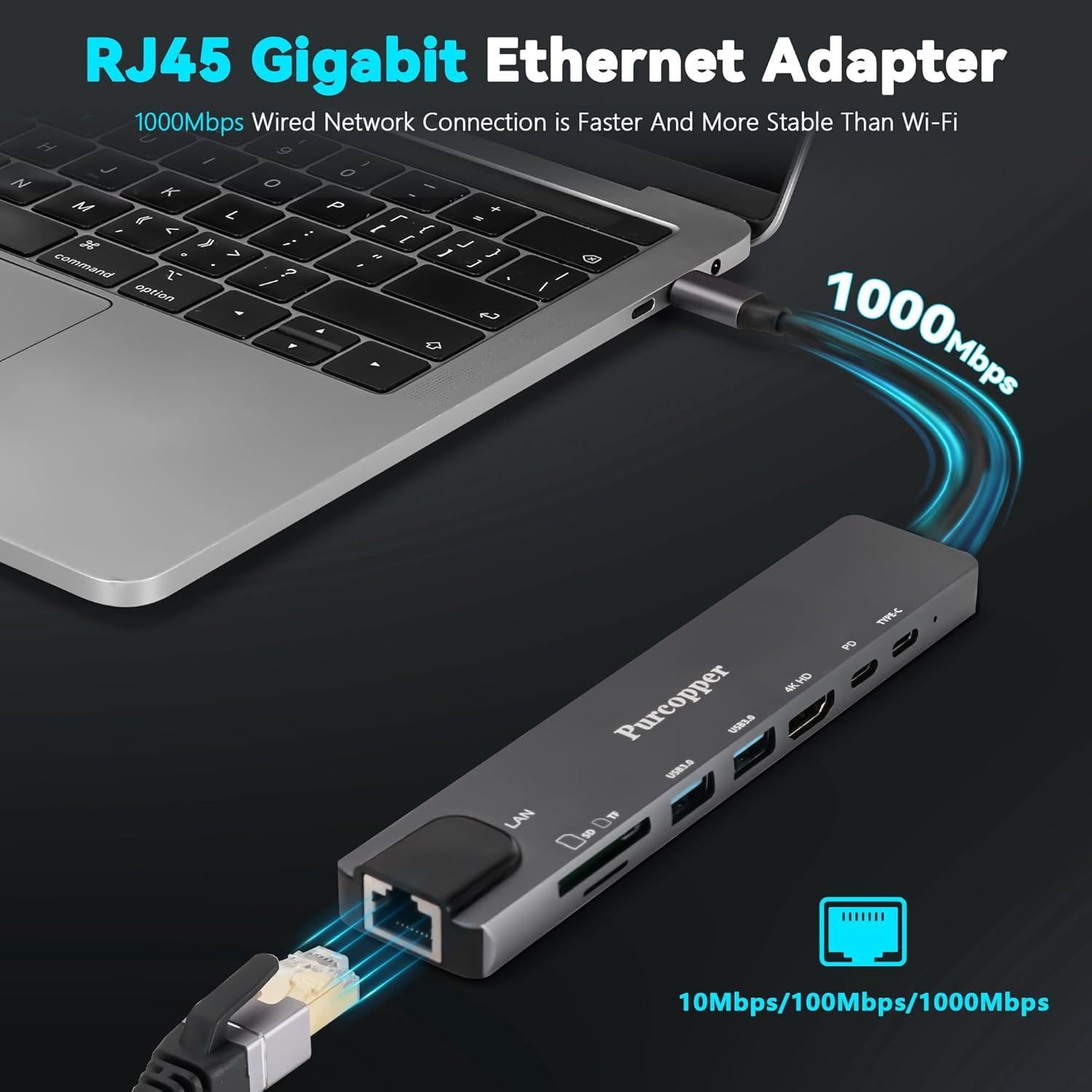 Adaptador Hub USB C 8 en 1 Purcopper con HDMI 4K y Ethernet