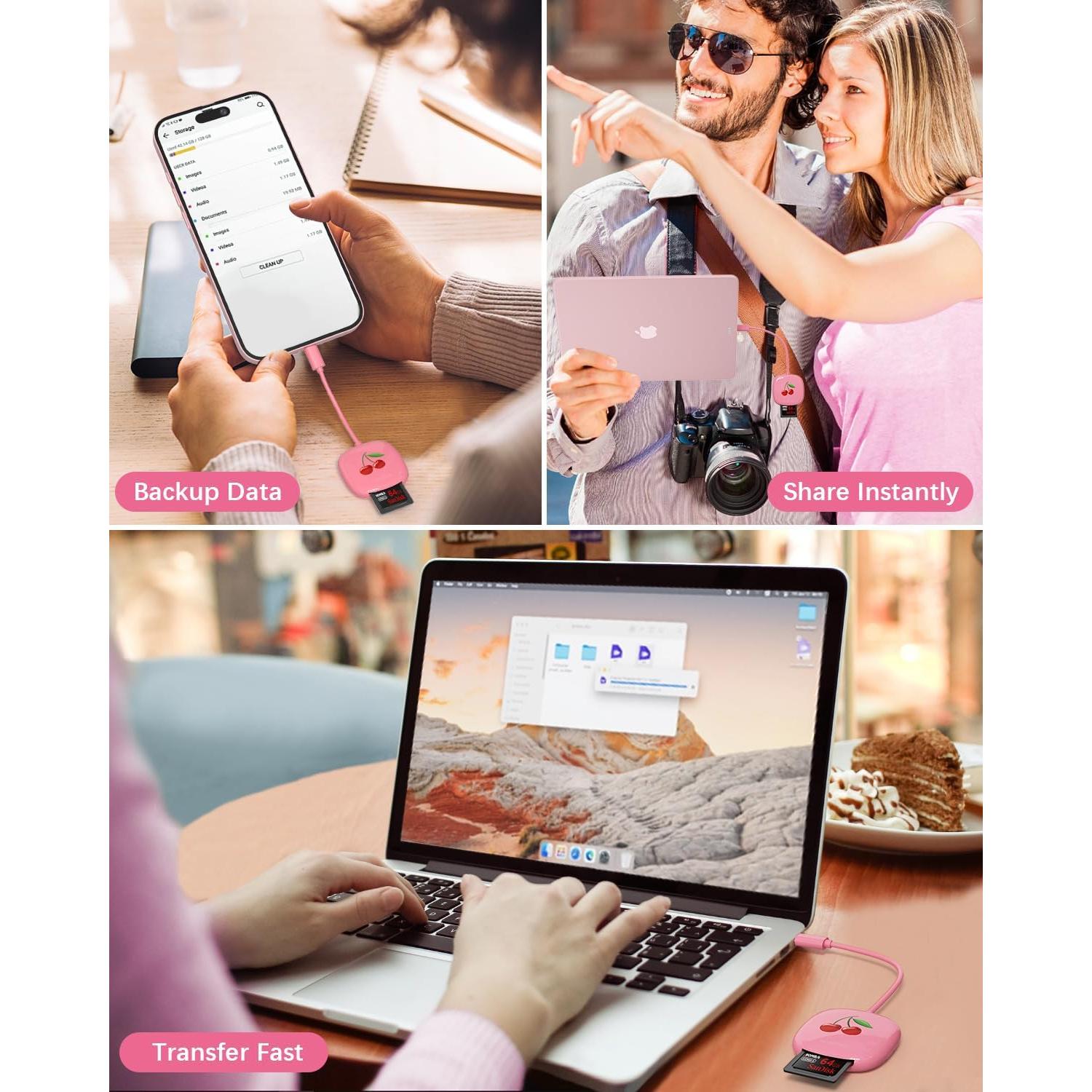 Lector de Tarjetas SD USB C JoyReken 2-en-1 Rosa 8cm