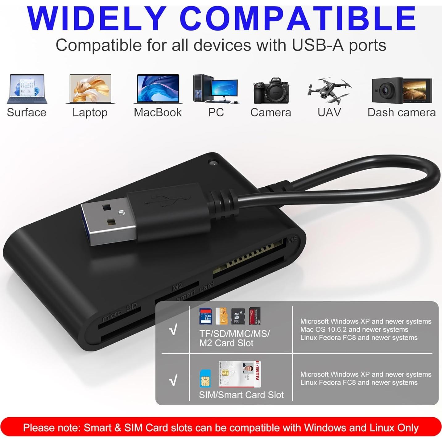 Lector de Tarjetas 7 en 1 Bawanfa Pro USB CAC y SIM/SD