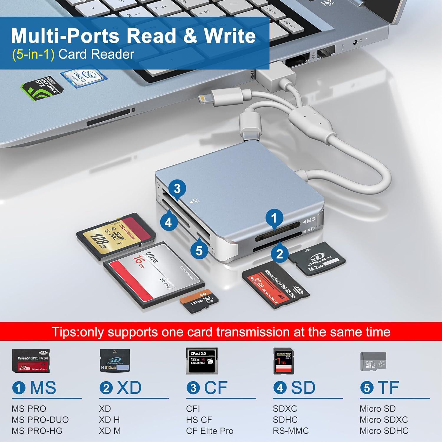 Lector de Tarjetas 5 en 1 Ardaddyn - SD/TF/MS/CF/XD USB-C/Lightning
