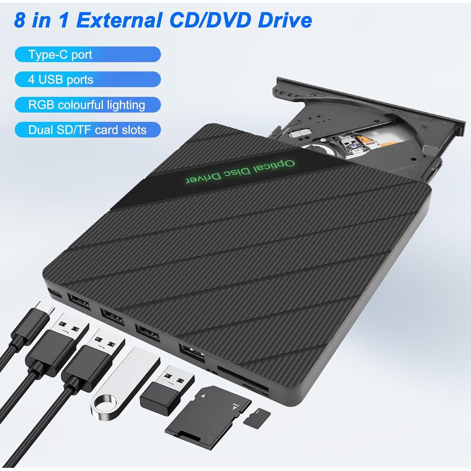 Unidad Externa CD/DVD XMSJSIY USB 3.0 Tipo-C 8 en 1 Portátil