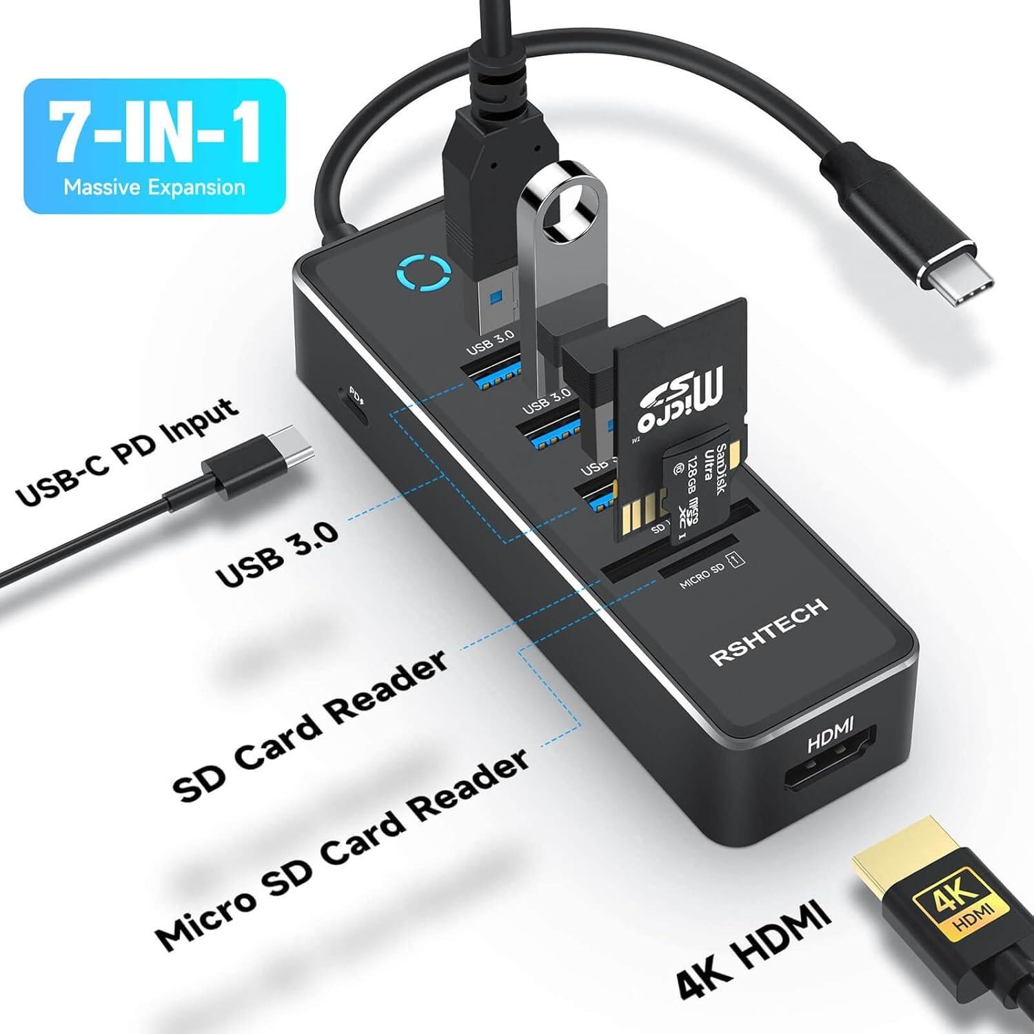 RSHTECH Hub USB-C 7 en 1 con HDMI 4K, 3 USB 3.0, 100W